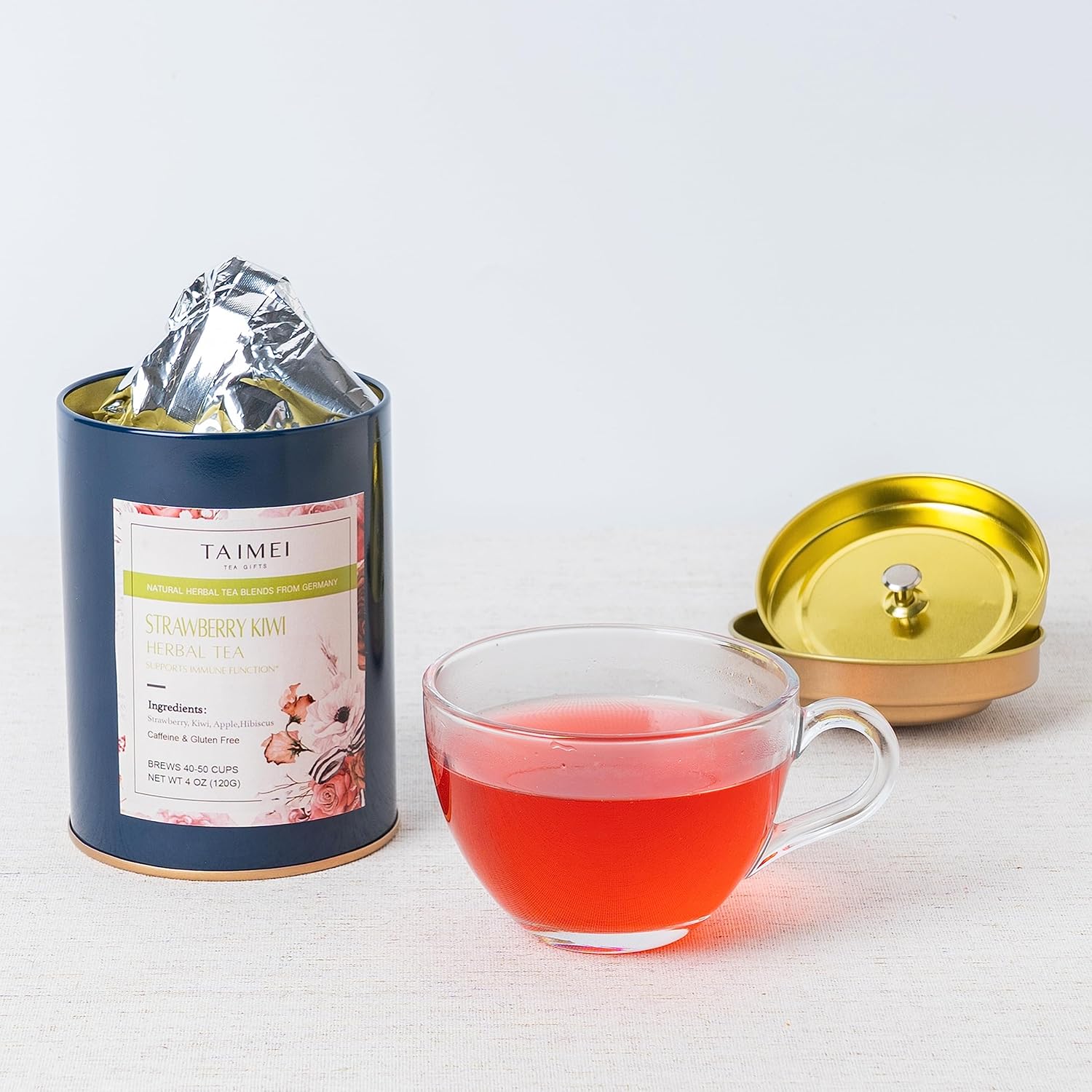 Taimei Teatime Té de hierbas de hojas sueltas de fresa y kiwi, mezclas de té de frutas sin cafeína de Alemania con ingredientes totalmente