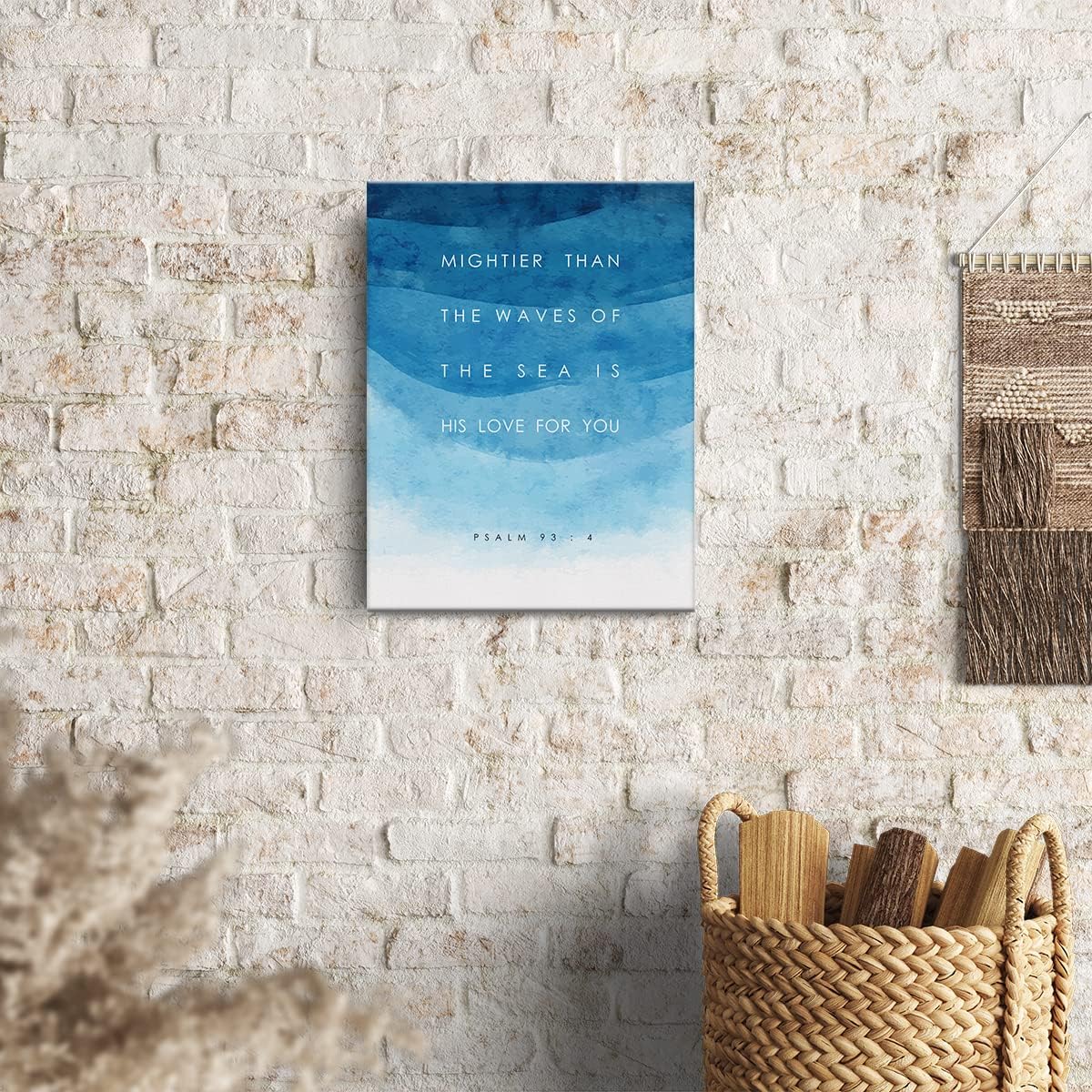 Lienzo con versículo bíblico para decoración de pared con versículo bíblico más poderoso que las olas Salmo 934, pintura de pared, arte azul, 12 x