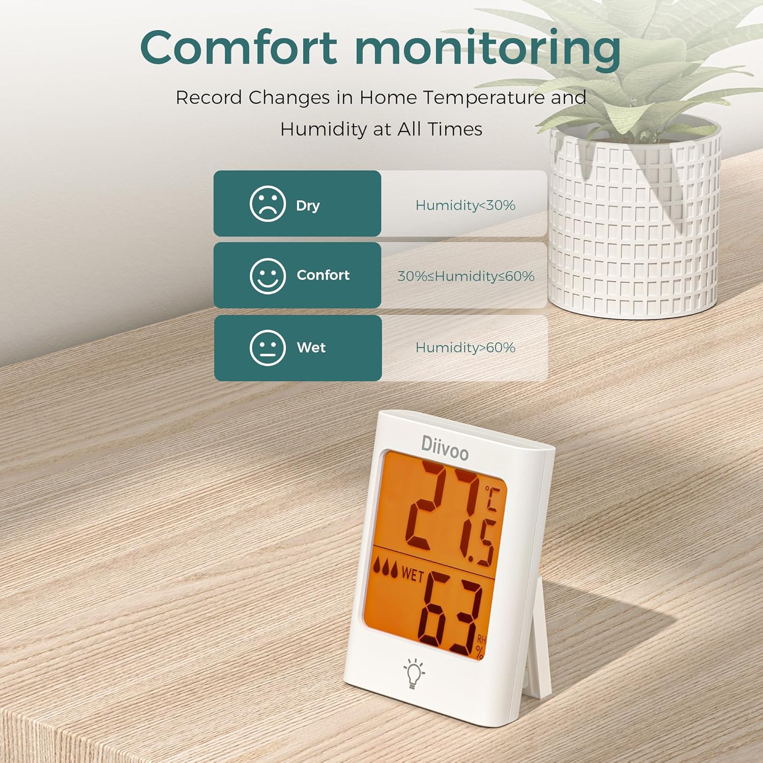 Termómetro interior para el hogar, sensor de humedad de temperatura Diivoo con pantalla de luz LCD, termómetro higrómetro con actualización rápida