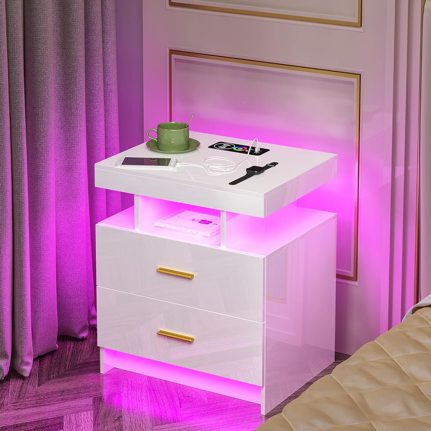 HNEBC Mesita de noche LED, RGB blanco con estación de carga USBinalámbrica, moderna mesita de noche con sensor automático de luces RGB, mesa