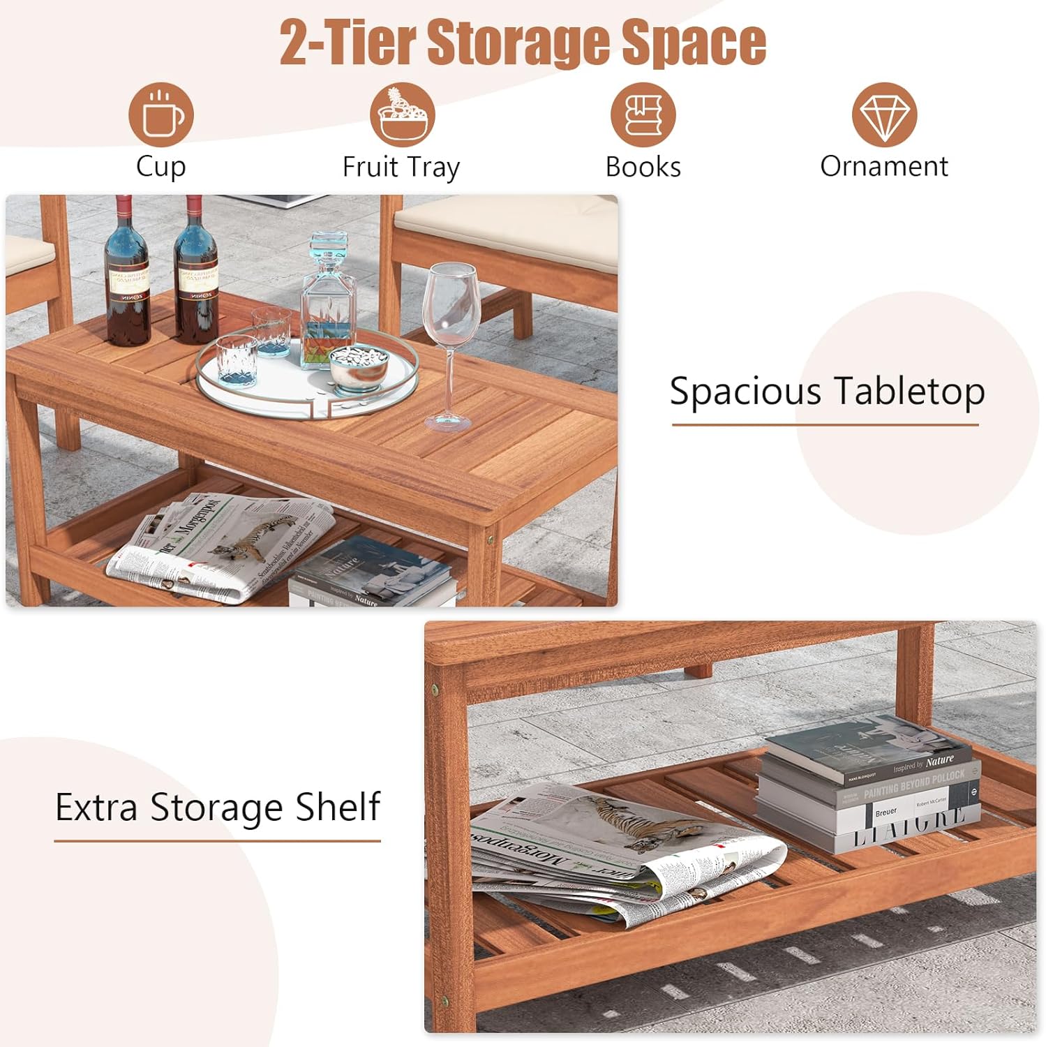 Tangkula Mesa de centro de madera dura para patio al aire libre, mesa de centro de 2 niveles con mesa de listones, estante de almacenamiento,