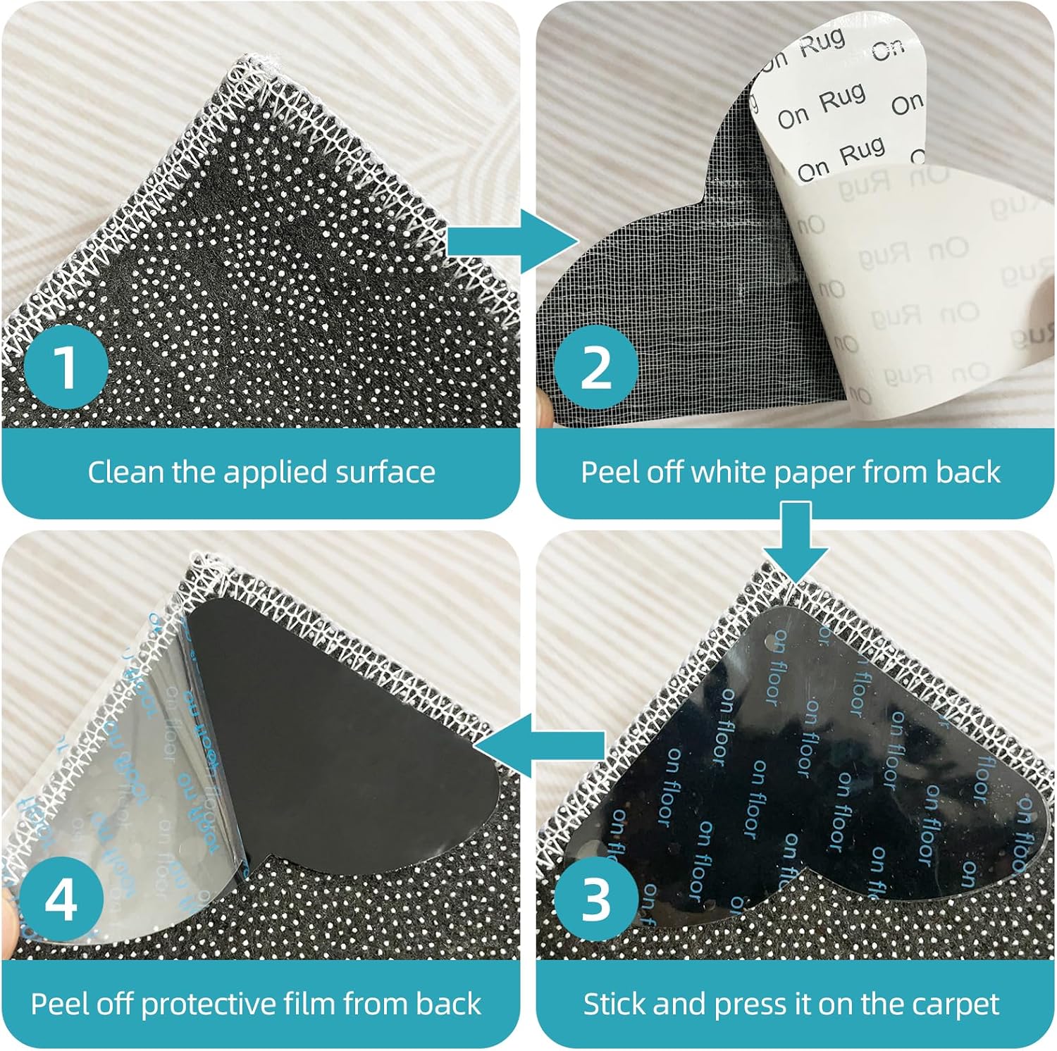 YOOHI Pinzas para alfombra, cinta antideslizante para suelos de madera dura y azulejos, cinta reutilizable para alfombras de área, agarre adhesivo