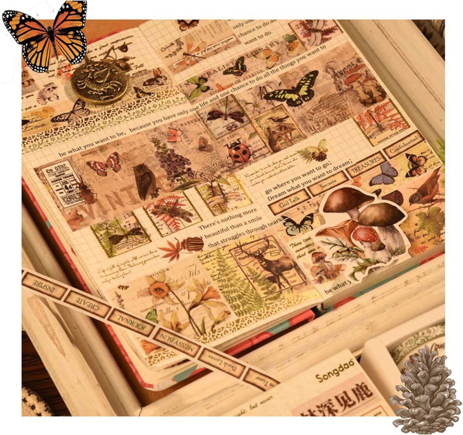 Songdao – Juego de 8 rollos de cinta washi vintage, cintas adhesivas retro para artes, juegos de cinta adhesiva decorativa de lámina dorada para