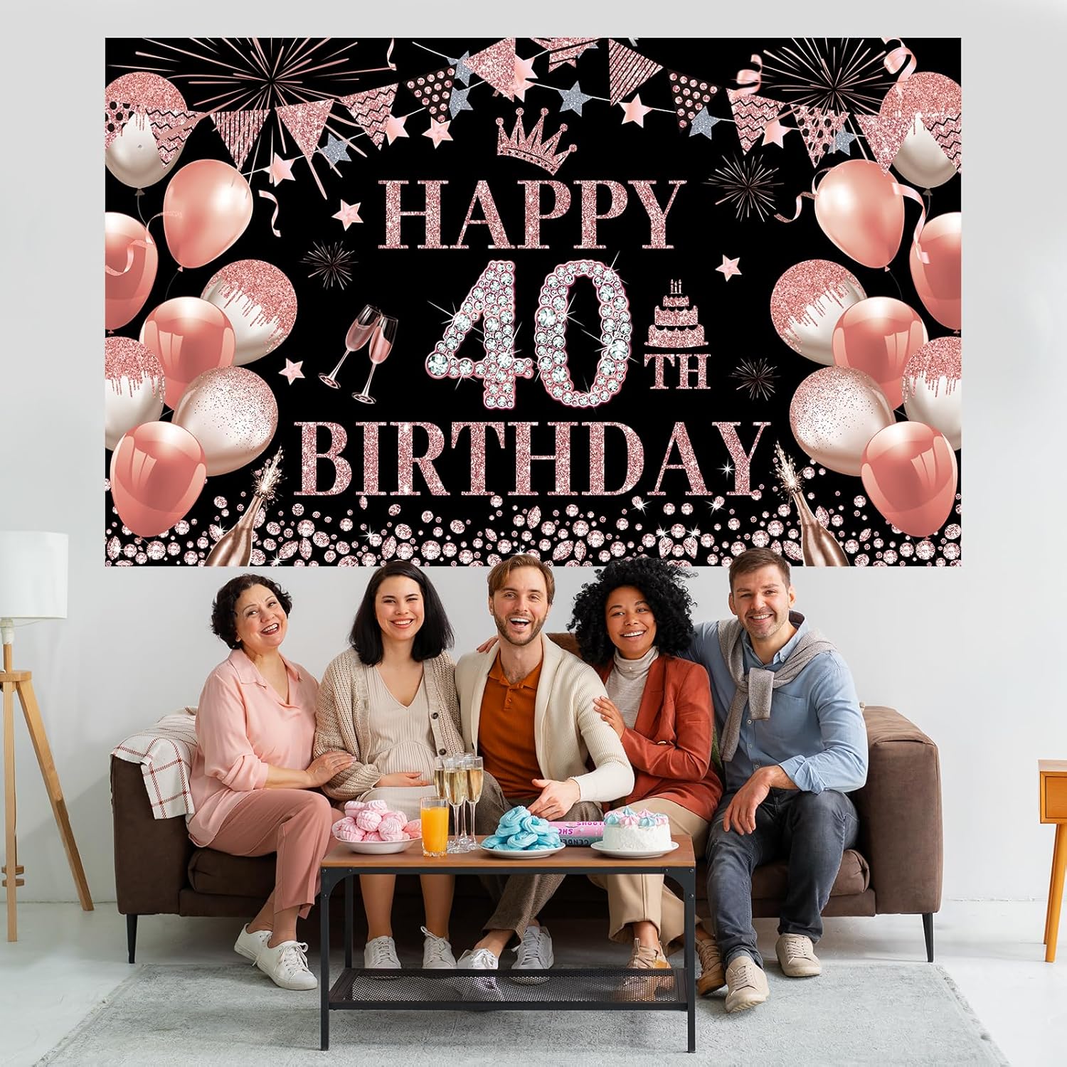 Telón de fondo de cumpleaños número 40, decoración de fondo de cumpleaños de oro rosa para mujer, 5.9 x 3.6 pies, fabuloso cartel de cumpleaños,