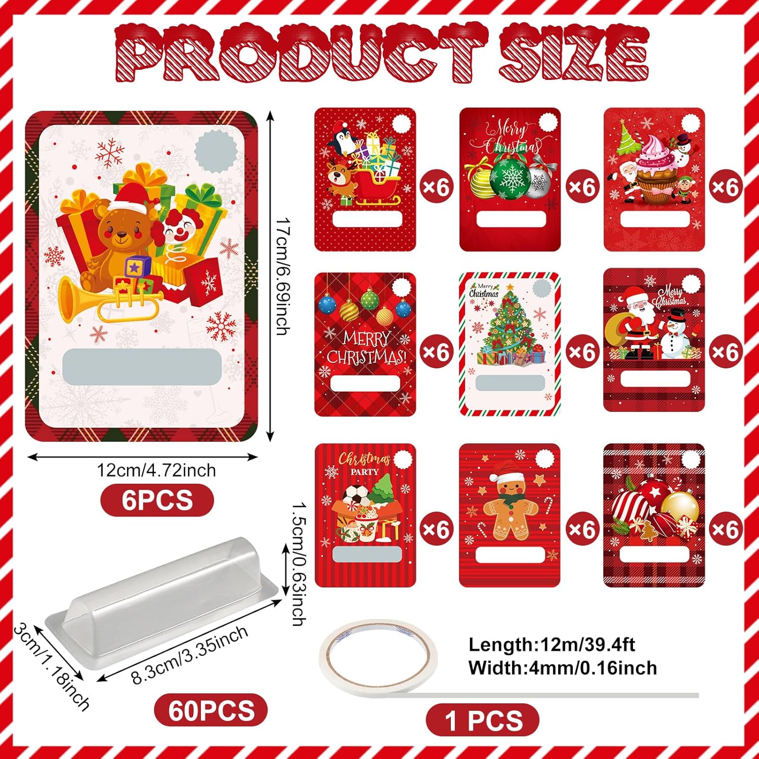 120 unidades de dinero en efectivo de Navidad para regalo en efectivo, bolsa de plástico transparente con cinta de doble cara para Navidad,
