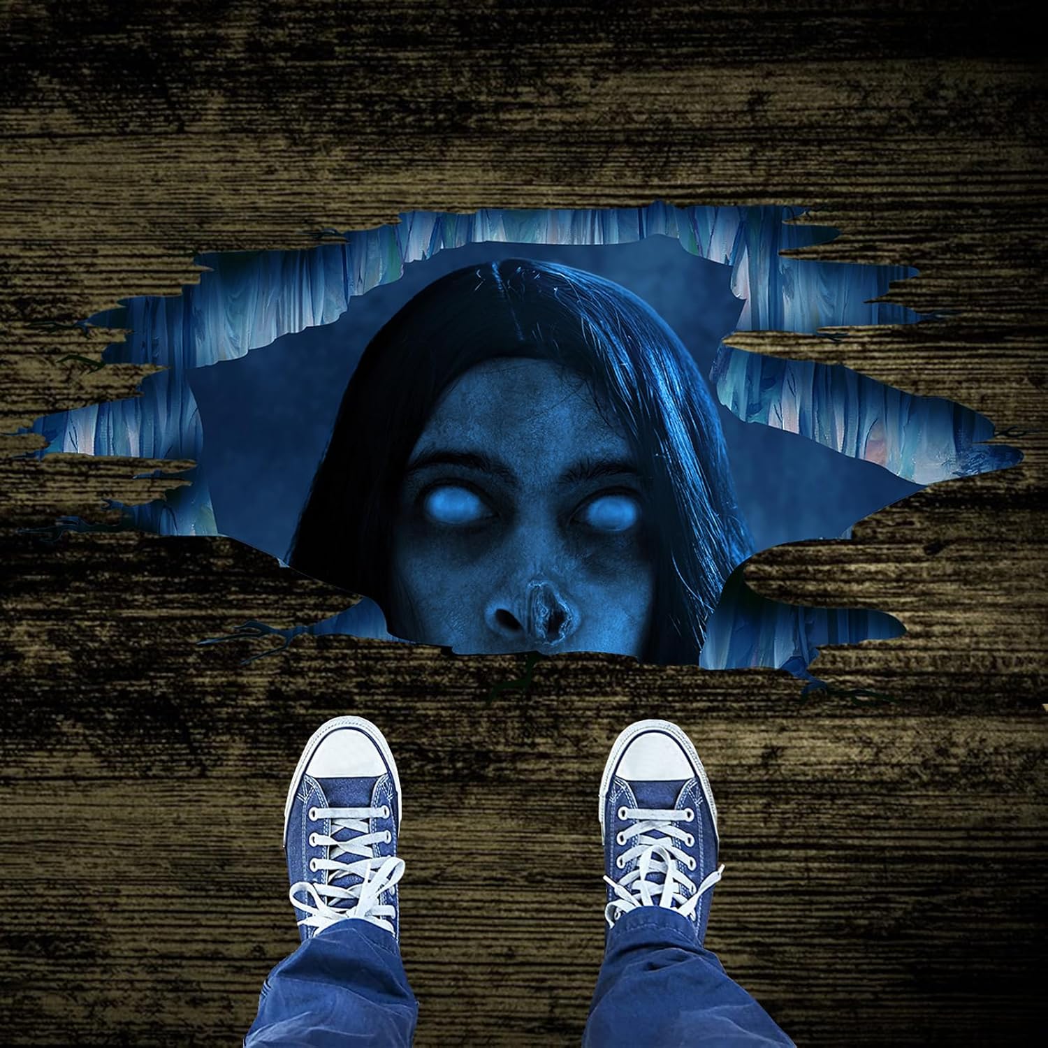 Dosminer Calcomanías 3D espeluznantes para suelo de Halloween, calcomanías de pared de fantasmas de Halloween para sala de estar, cabello largo y