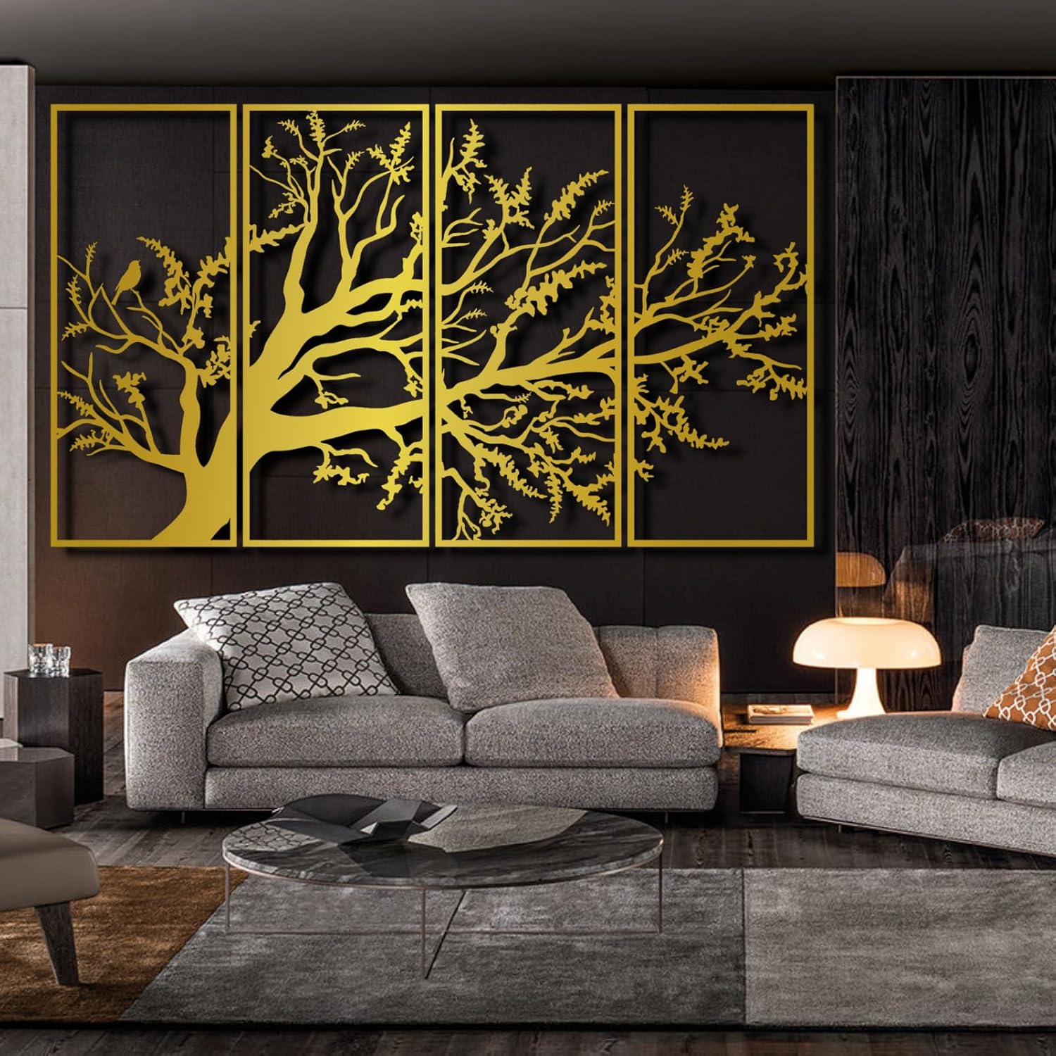 Arte de pared con árbol de la vida, juego de 4 piezas de arte de pared de árbol de metal, letrero de árbol, arte de pared de metal del árbol de la