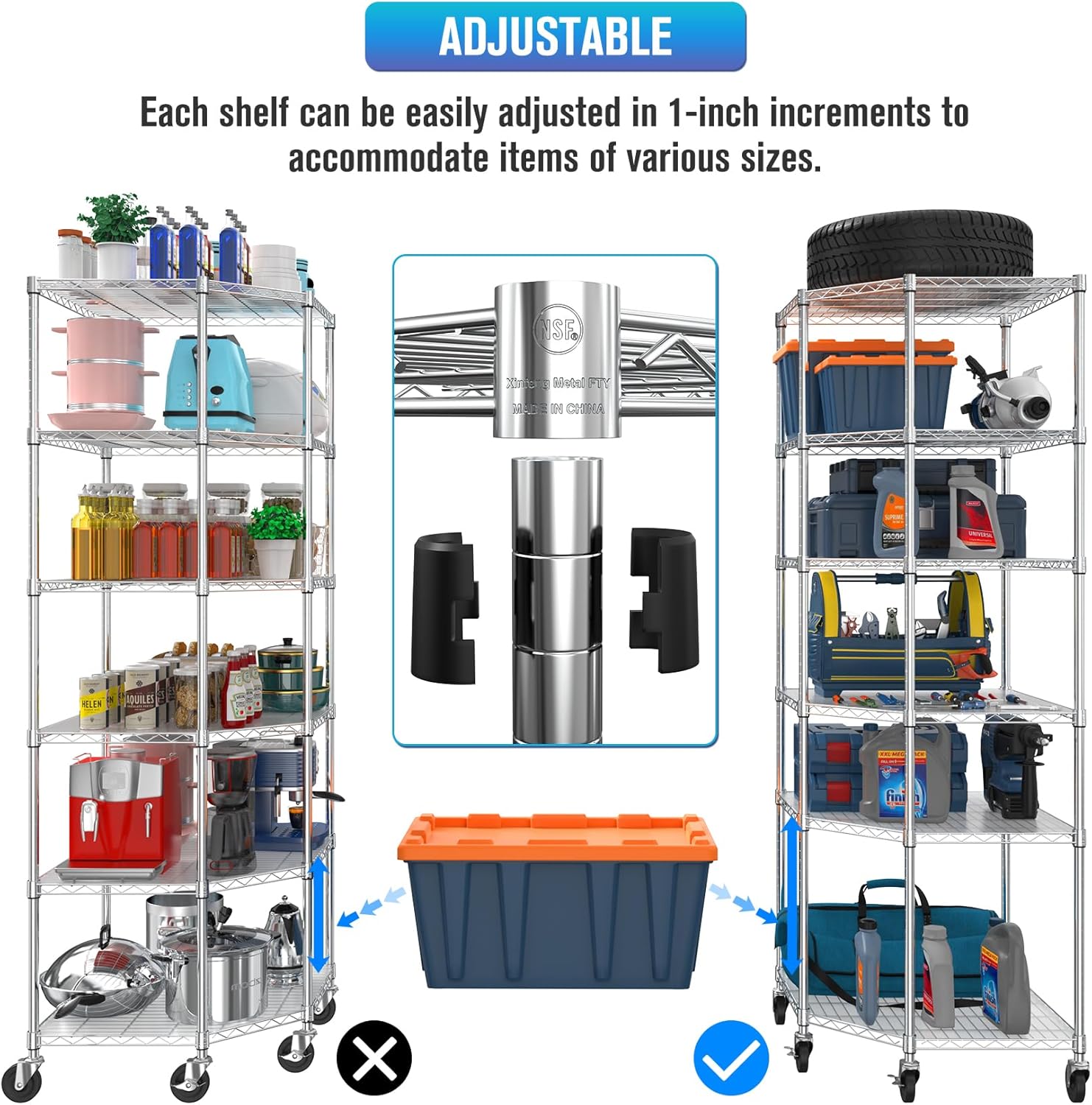 Estantería de alambre pentagonal NSF de 6 niveles, 27 x 27 x 82 pulgadas, capacidad de 2100 libras, estante de metal de almacenamiento ajustable