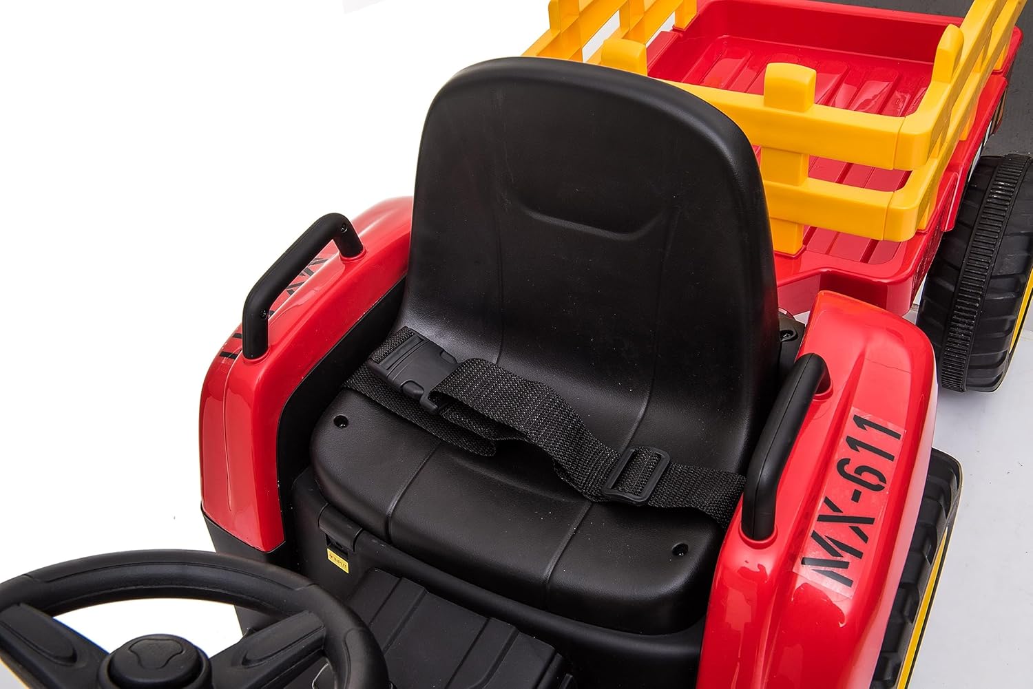 Tractor de paseo para niños con remolque, 12 V, divertidas luces LED, audio USB, música, cambio de 3 velocidades y cinturón de seguridad, perfecto