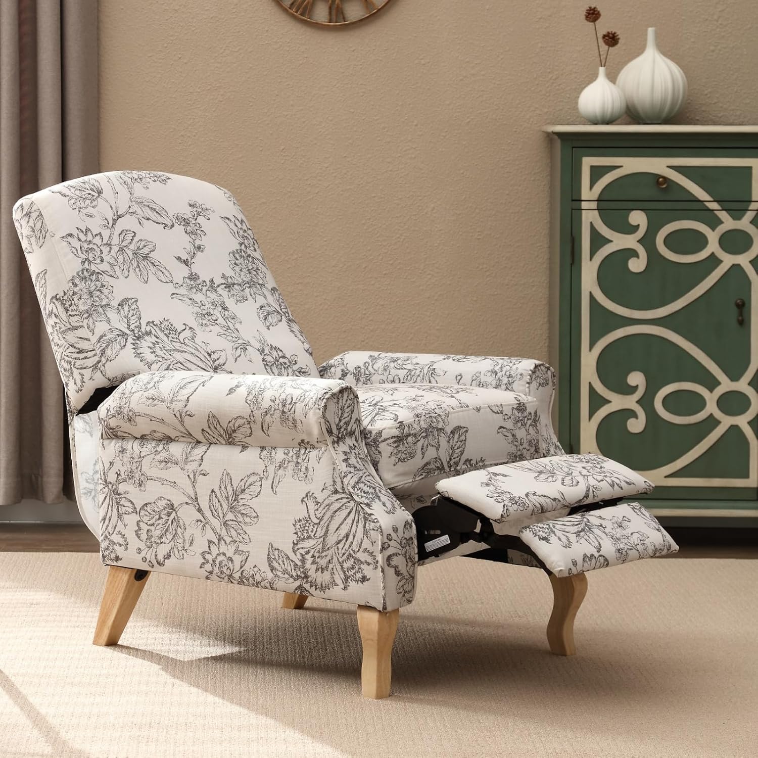 Silla reclinable con estampado floral para sala de estar, sofá individual tapizado con respaldo ajustable y reposapiés, moderna silla de descanso