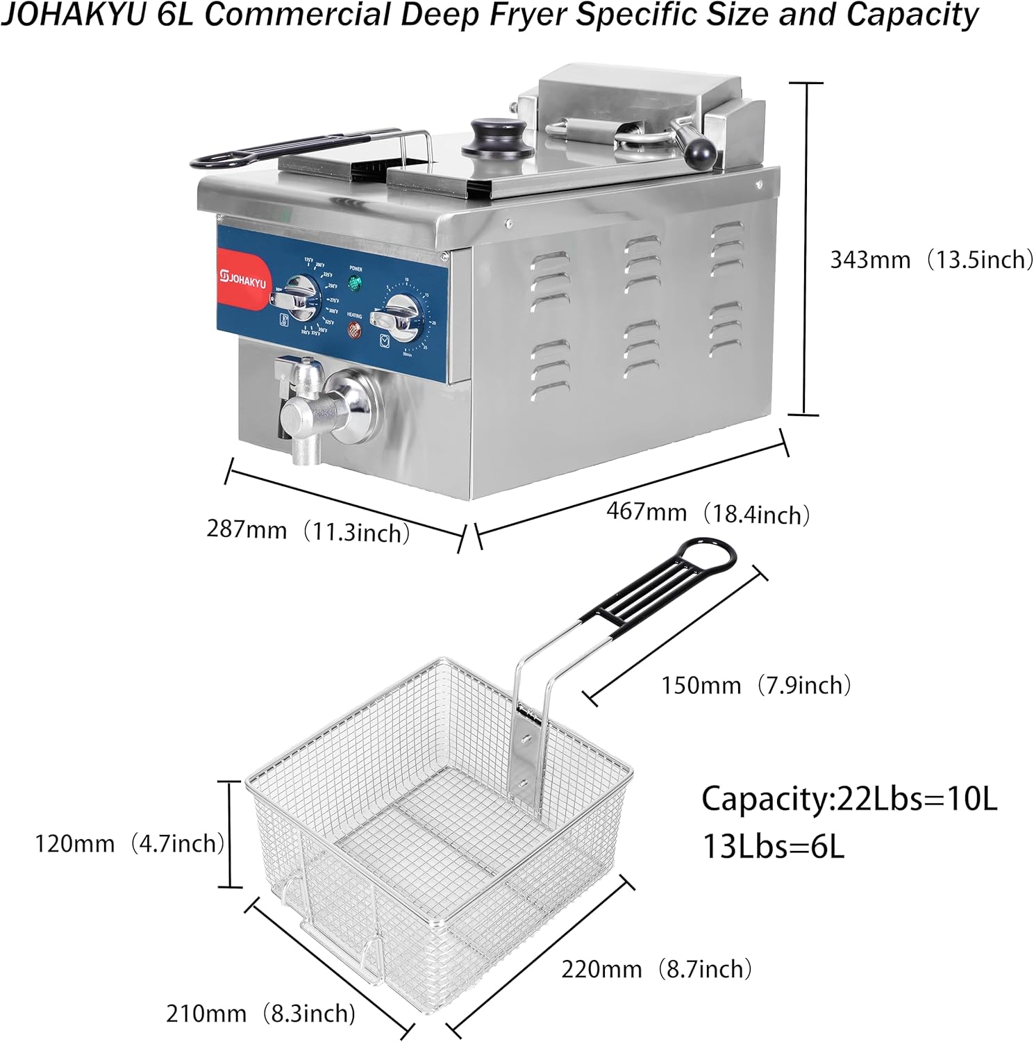 Freidora eléctrica comercial de 13 libras con cesta sólida de fácil montaje, temporizador, drenaje, cabezal de freidora oscilante, 120 V, 1800 W,