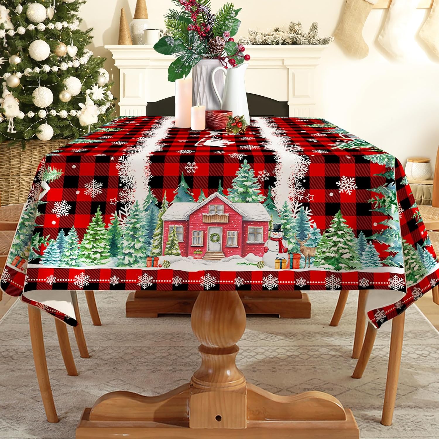 Mantel de Navidad de 52 x 70 pulgadas, mantel rojo navideño para mesas rectangulares, decoración navideña de camión rojo para el hogar, decoración
