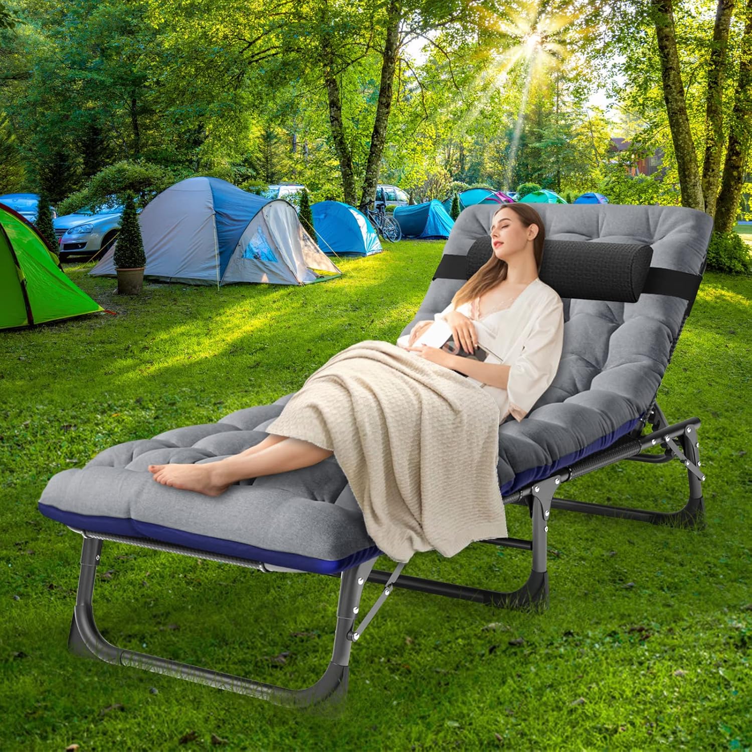 Sillón plegable con colchón, cama plegable ajustable de 4 posiciones, cuna para patio, tumbona, perfecta para tomar el sol, campamento, piscina,