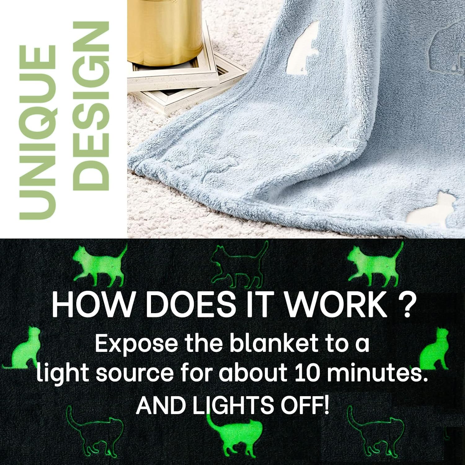 jinchan Manta que brilla en la oscuridad, con patrón de gato de 40 x 60 pulgadas, manta de forro polar suave para decoración de sofá, cama,