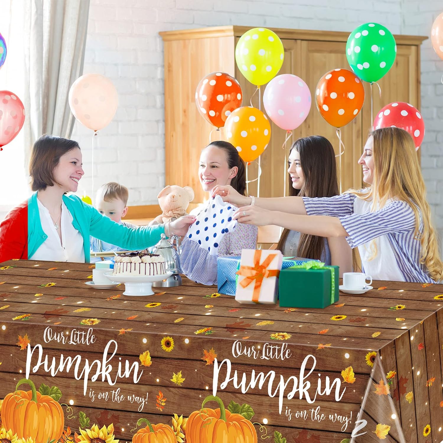 3 manteles de madera rústica de calabaza para baby shower, plástico con texto en inglés Our Little Pumpkin Boy Girl is on the Way Baby is Brewing