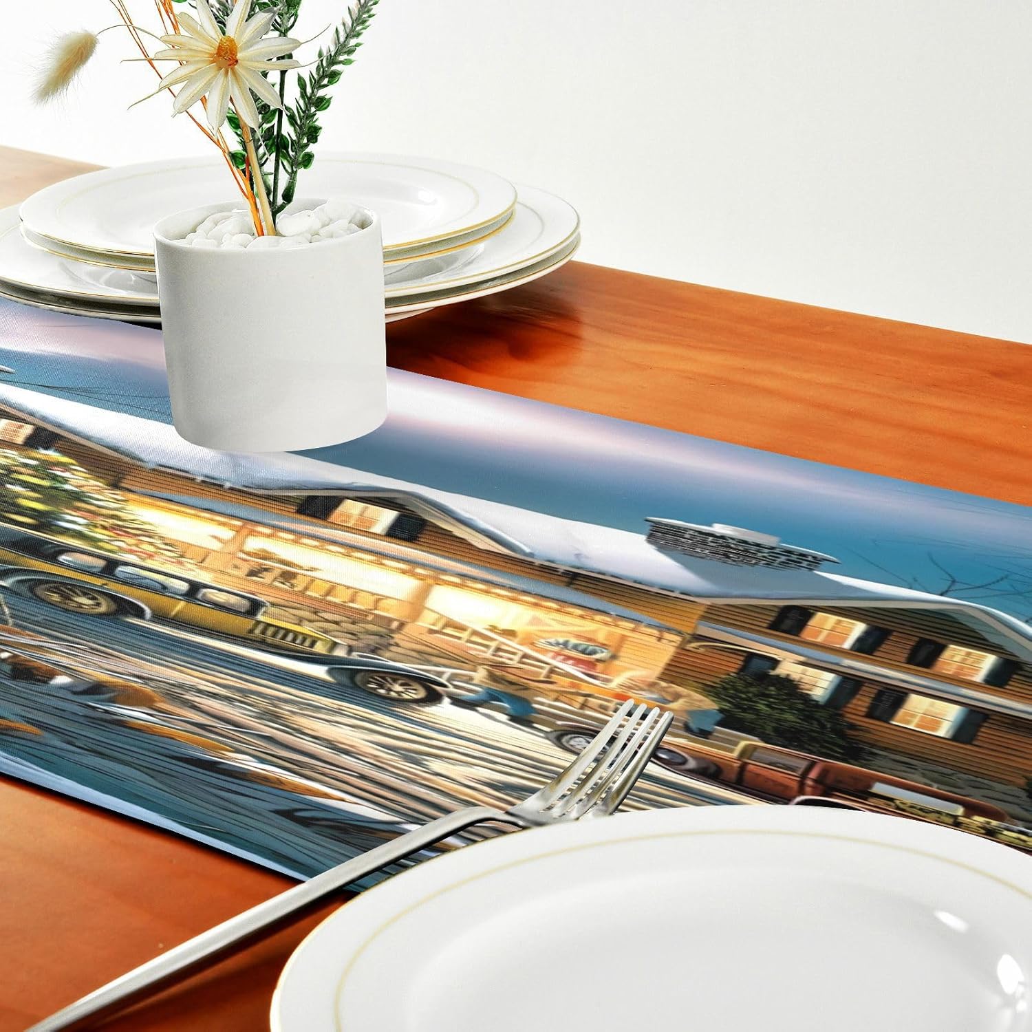 Christmas Countryside White Snow Table Runner Fall Kitchen Decor for Kitchen Decorations Christmas Table Runner 72 Inches Long