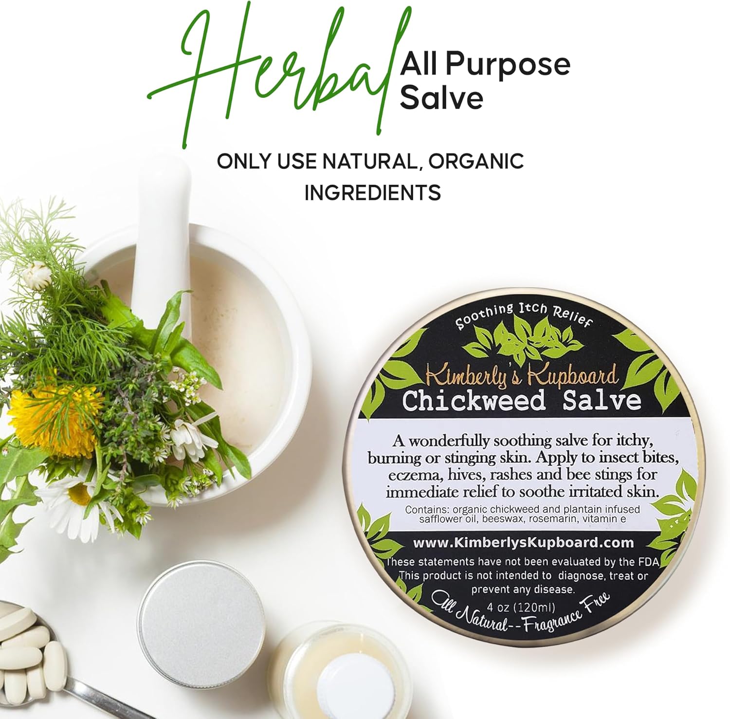 Kimberlys Kupboard Chickweed Healing Salve para proporcionar alivio de picazón, picaduras de abejas y piel seca  3.8 onzas  3.8 fl oz (3.8 fl oz)