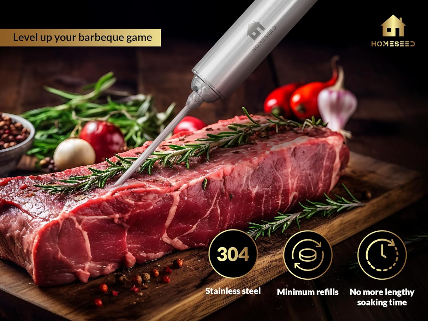 HOMESEED Inyector de carne – Inyector de adobo para ahumar y asar a la parrilla – Incluye 4 agujas de inyección y suministros de limpieza – Hecho de