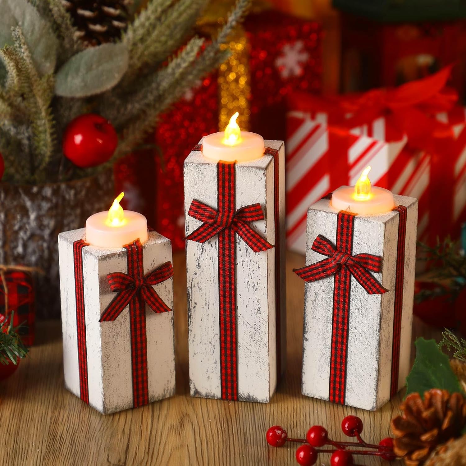 Zhehao 3 portavelas de té de Navidad, portavelas votivas de madera navideña, candelabro rústico de madera de Navidad con lazo a cuadros para