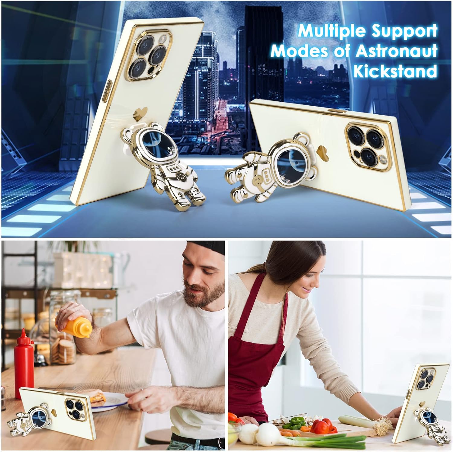 Omio – Funda cuadrada compatible con iPhone 15 Pro Max con soporte oculto de astronauta, funda de lujo chapada en corazón para mujeres y niñas,