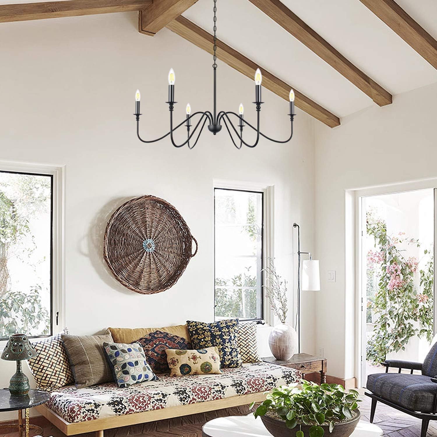 Congratsu Candelabro de 6 luces estilo casa de campo, color negro mate, lámpara colgante clásica para techo, lámpara colgante rústica para comedor,