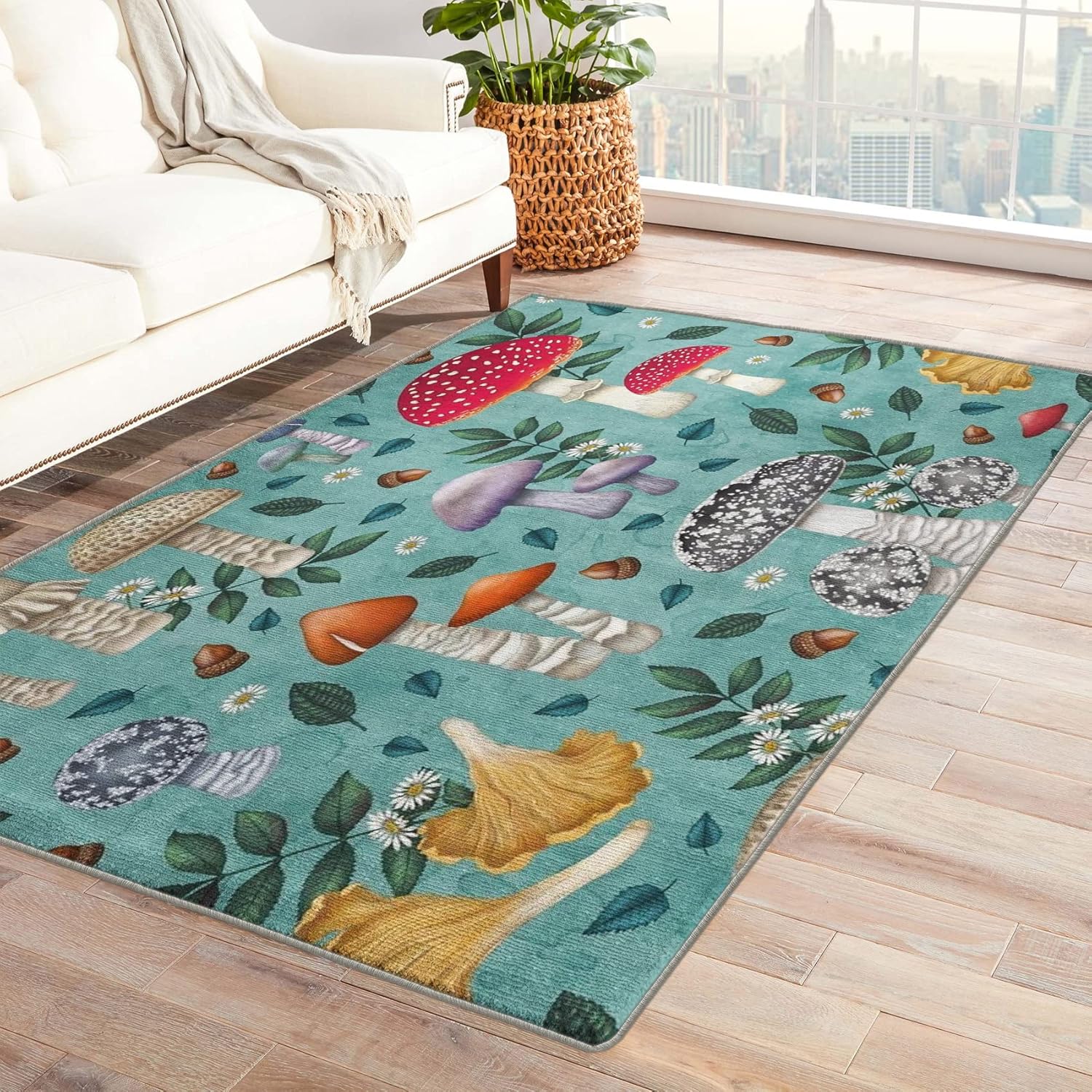 Alfombra de hongos de 2 x 3 pies, alfombra botánica de hongos para entrada, sala de estar, dormitorio, alfombra de guardería, decoración de