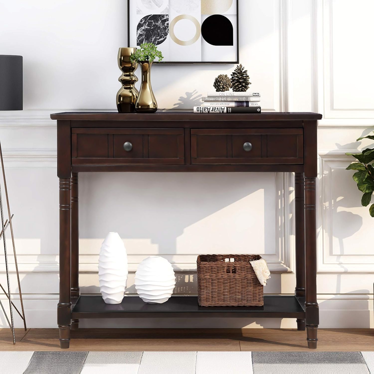 P PURLOVE Mesa de sofá con cajones, mesa de entrada, mesa consola de madera con dos cajones de almacenamiento y parte inferior para sala de estar