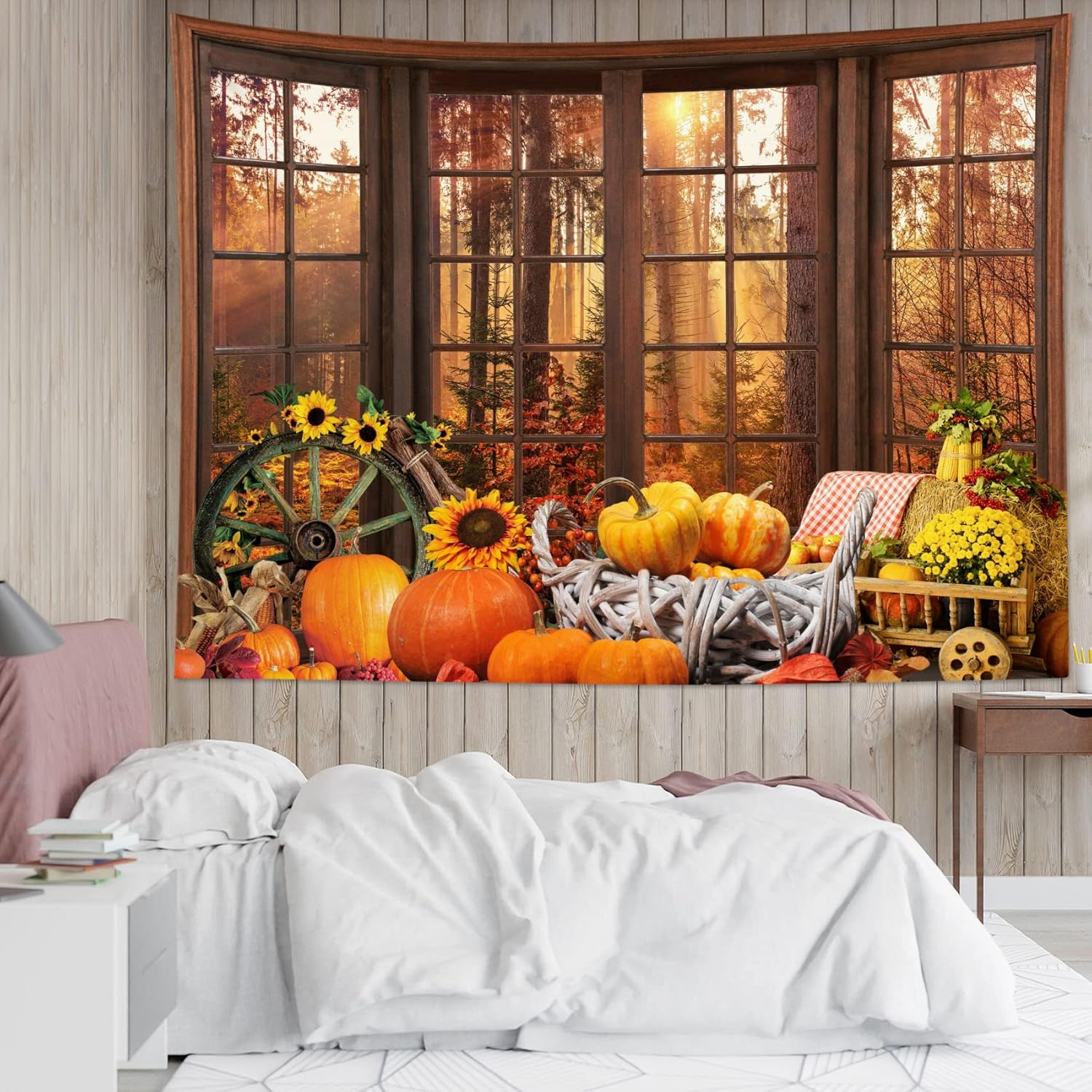 HVEST Tapiz de otoño con árbol de arce, bosque, paisaje exterior, ventana, para dormitorio, girasol, calabaza, Acción de Gracias, tapiz de pared