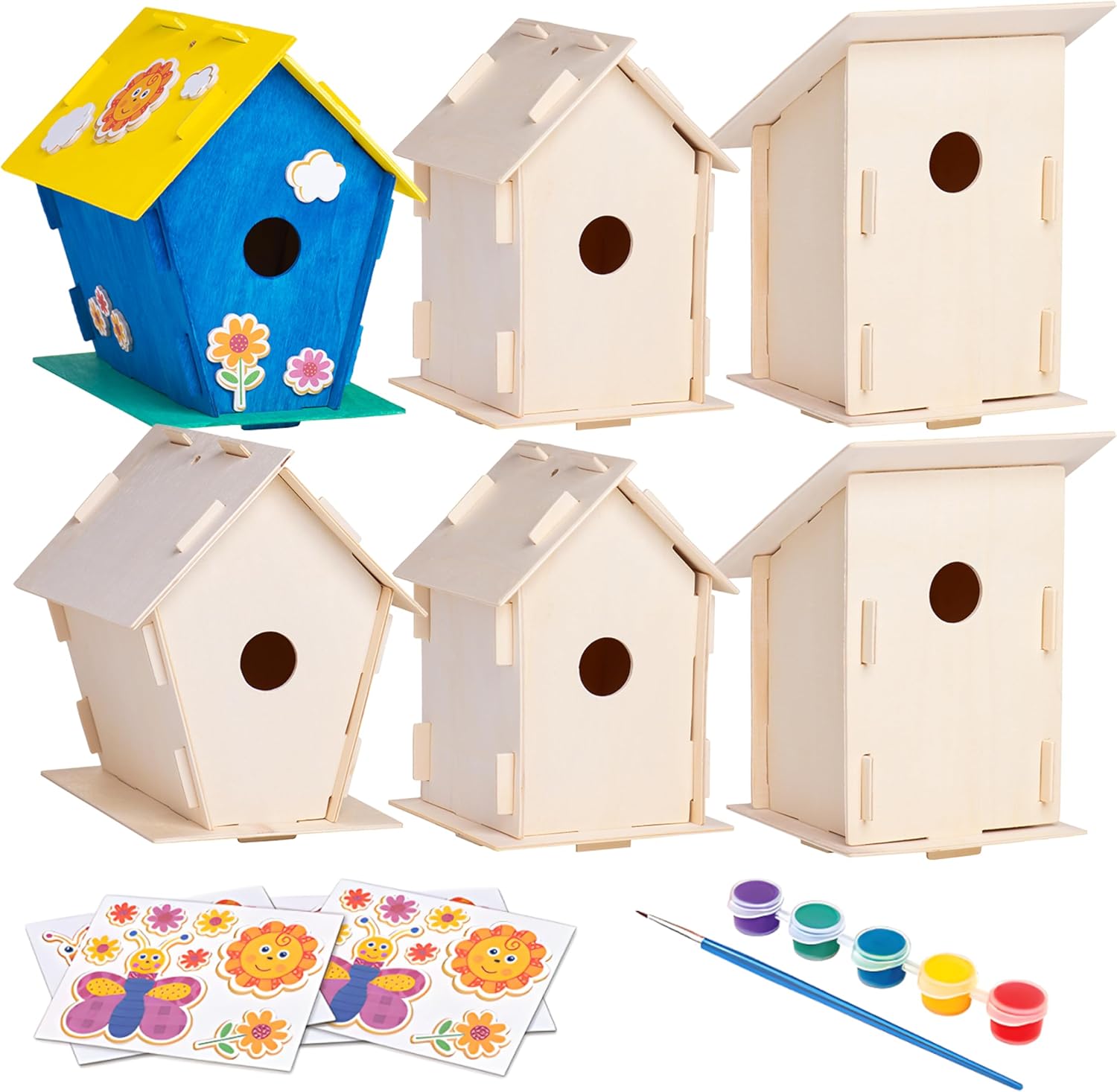 Neliblu 6 casas de pájaros de madera para manualidades, para niños, manualidades para adultos, con kits de casa de pájaros de madera sin terminar,