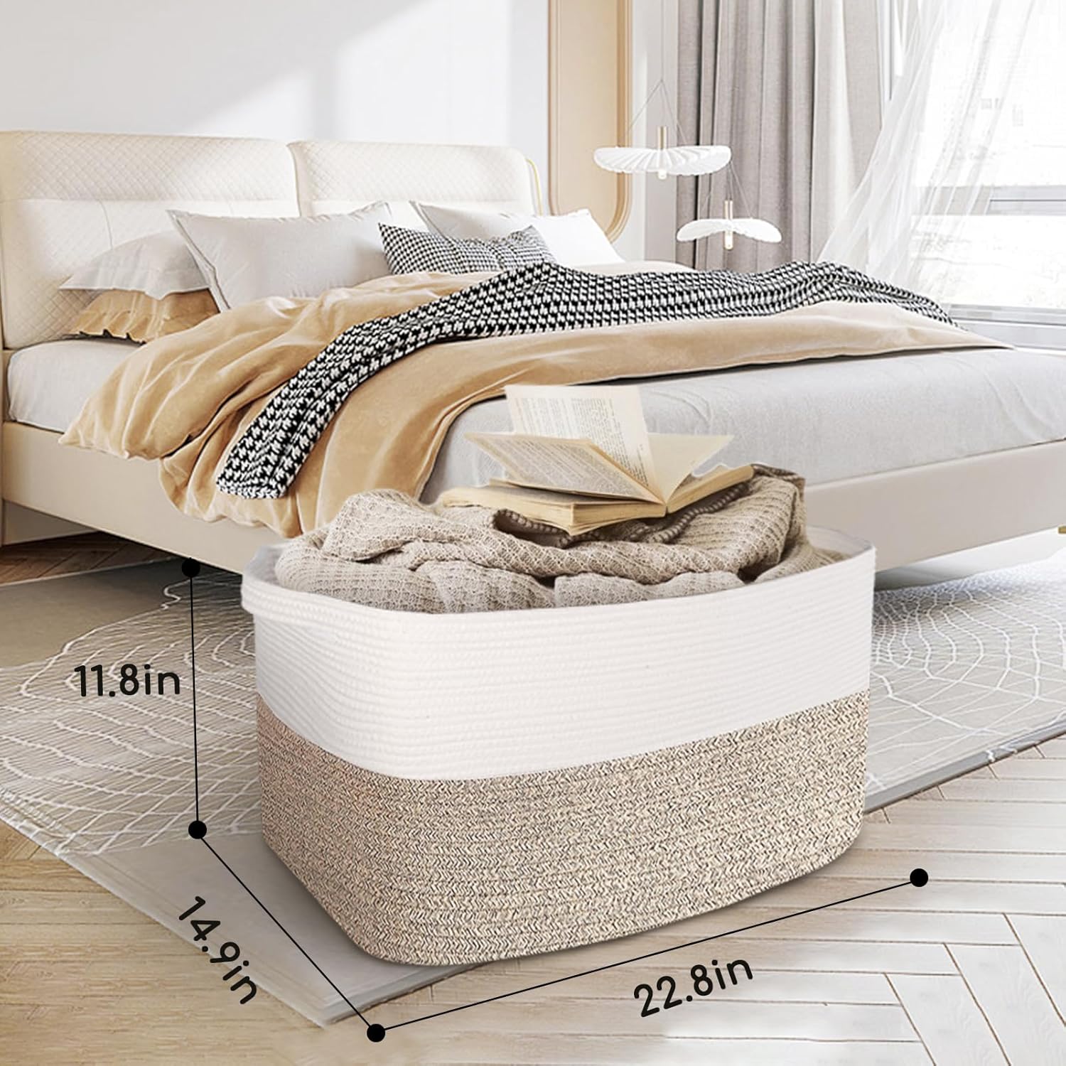 Cesta de cuerda extragrande, 22.8 x 14.9 x 11.8 pulgadas, cesta rectangular para manta para sala de estar, cesta organizadora de juguetes de tejido