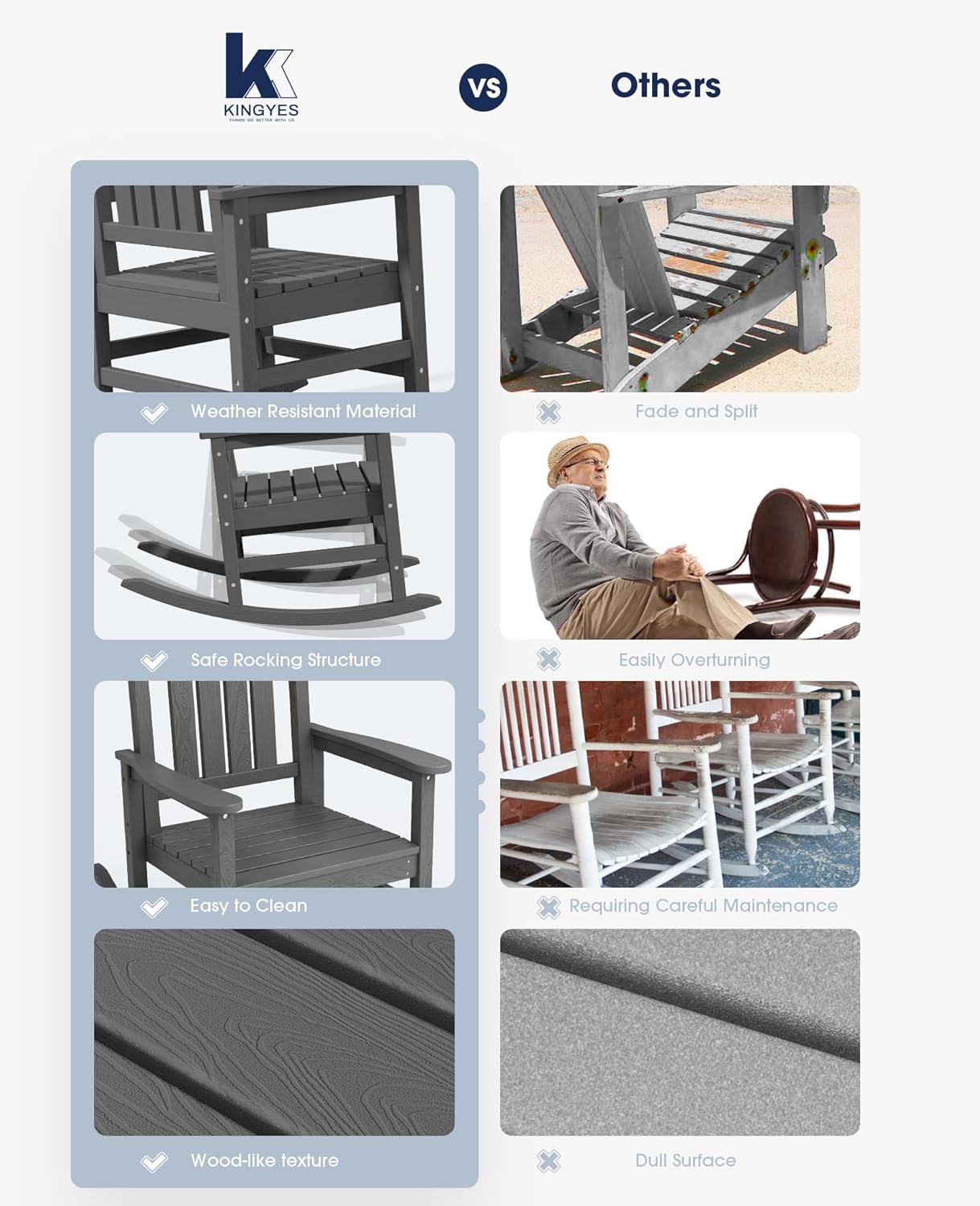 KINGYES Mecedoras para exteriores, resistentes a la intemperie, mecedoras de patio con respaldo alto para adultos, color gris