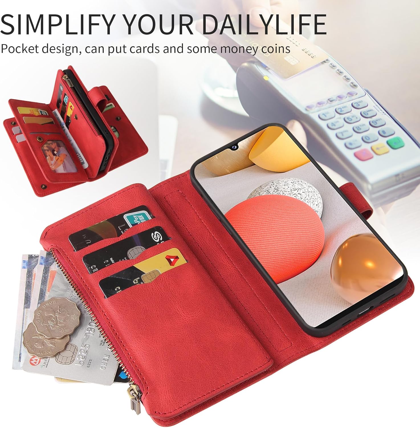 Asuwish Funda de teléfono para Samsung Galaxy A42 5G Funda tipo cartera con protector de pantalla de vidrio templado y correa de muñeca de cuero con