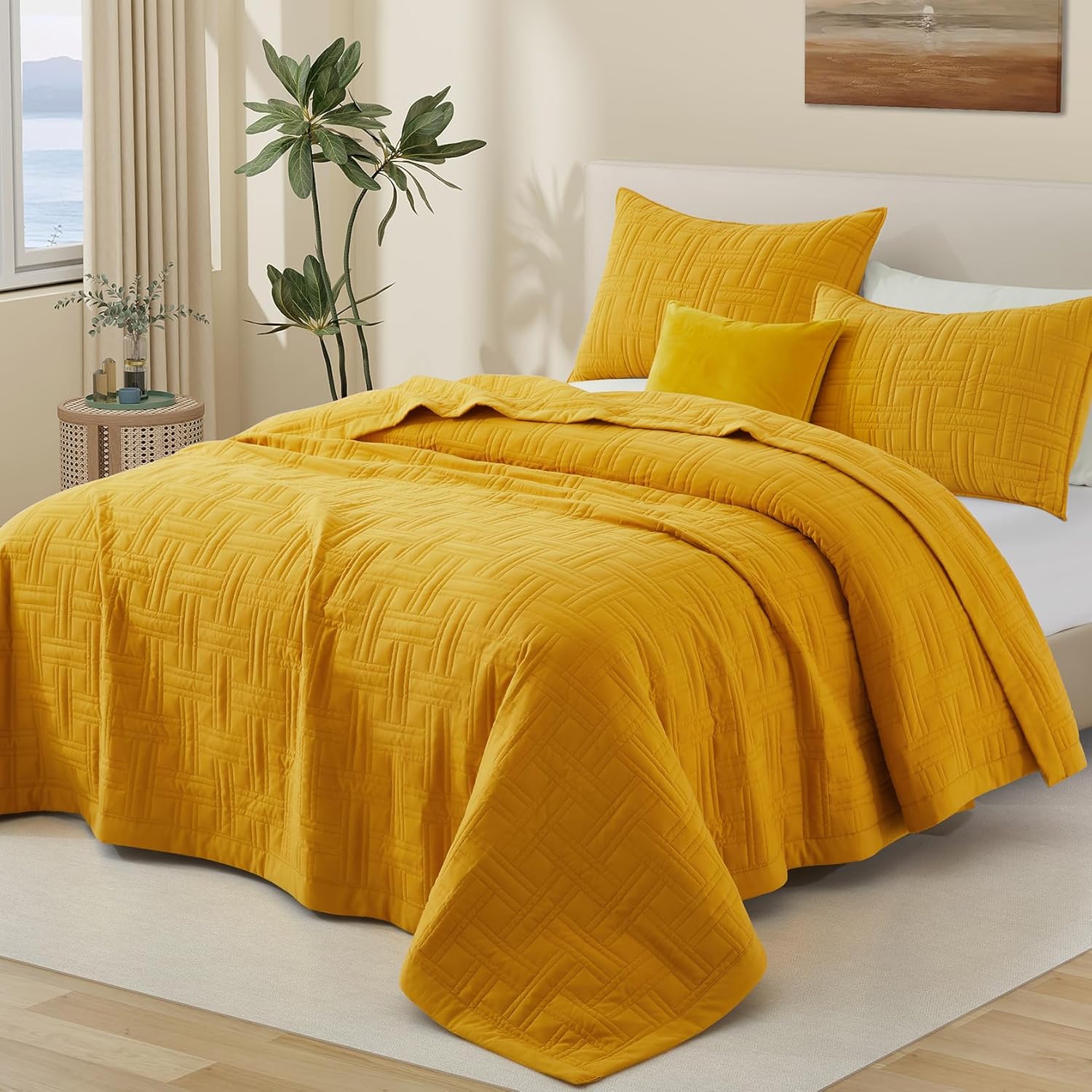 Juego de edredón tamaño Queen mostaza, juego de ropa de cama ligero de verano, juego de ropa de cama fino amarillo de microfibra suave para todas