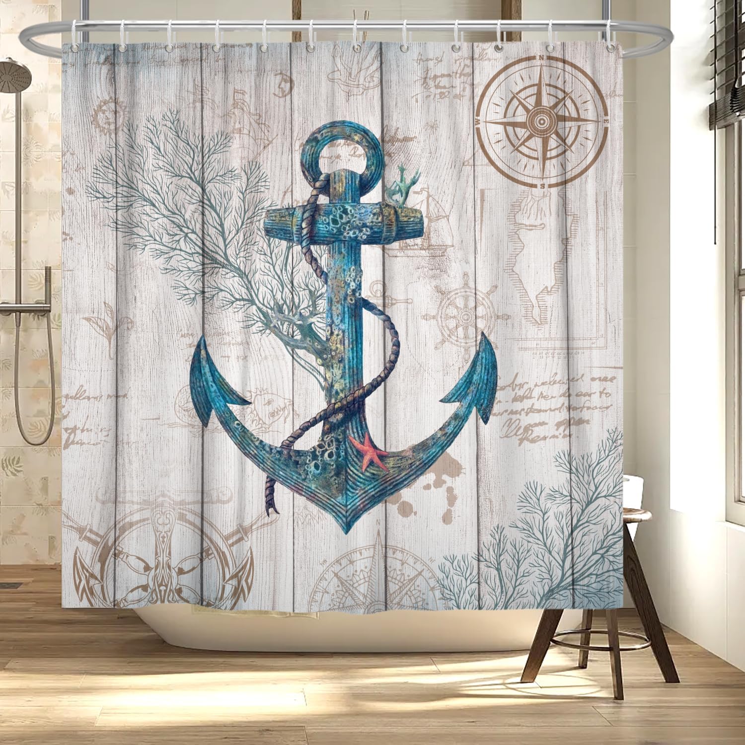 Cortina de ducha con ancla náutica para baño, playa, costera, cortina de ducha rústica con tema de navegación, cortina de baño con gancho, 72 x 72