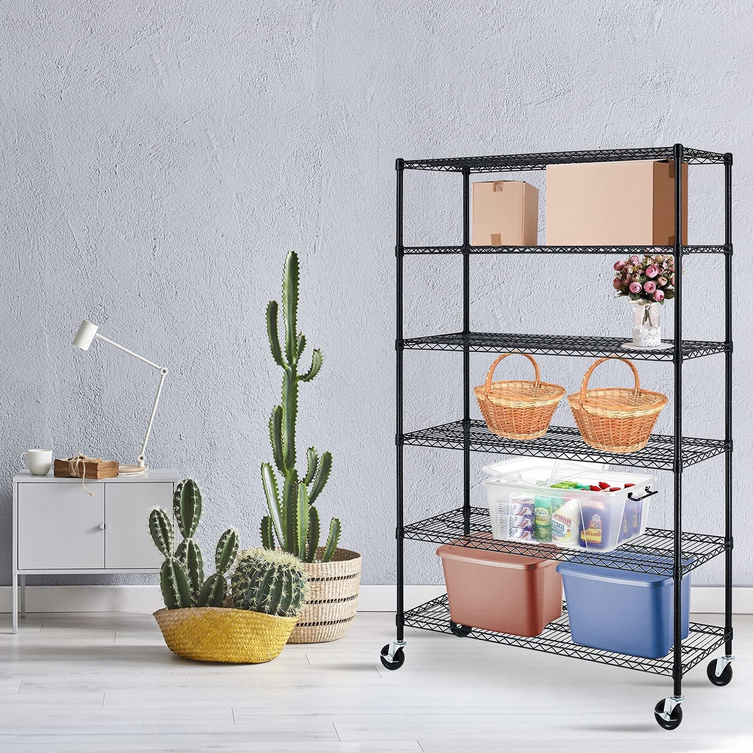 Estantería de garaje, estantes de metal de 78 x 48 x 18 pulgadas, estantería de alambre de 6 niveles, ajustable, resistente, de acero, con ruedas