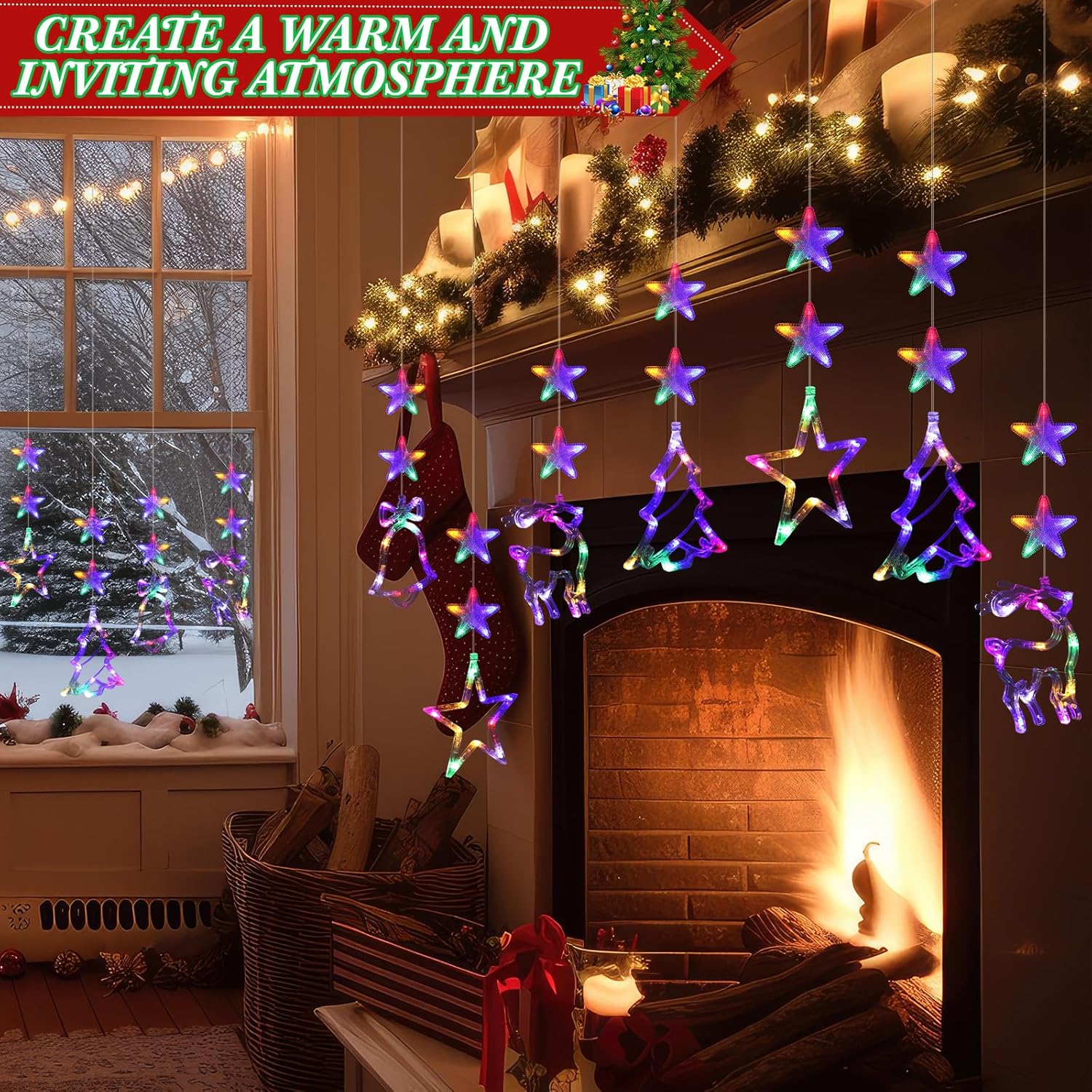 8 luces de ventana de Navidad, campana, árbol, estrella, decoración de ventana de Navidad, funciona con pilas, cadena de luces colgantes para