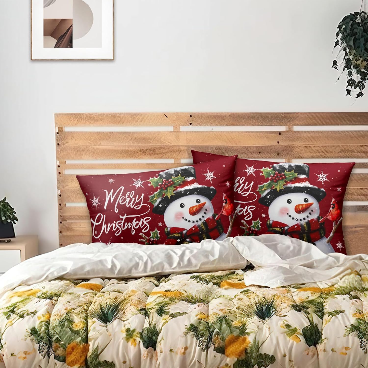 Juego de 2 fundas de almohada de Navidad con diseño de muñeco de nieve de invierno, fundas de almohada de algodón, fundas de almohada decorativas