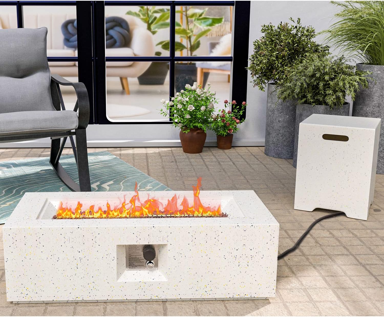 HOMPUS Fogata de propano para exteriores, 50,000 BTU, 42 x 17 pulgadas, mesa rectangular de gas de hormigón para exteriores, muebles sin humo con