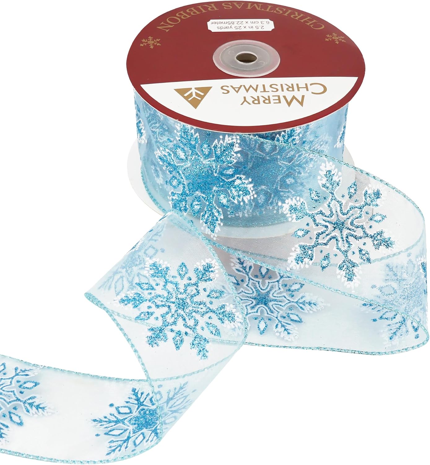 HUIHUANG Cinta de copo de nieve con purpurina, cinta de copo de nieve azul y blanca para árbol de Navidad, 2-12 pulgadas x 25 yardas, cinta de