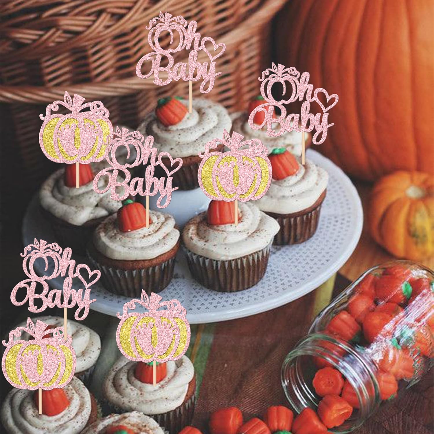 24 piezas de calabaza Oh Baby Cupcake Toppers Glitter Heart Baby Feet Calabaza Cupcake Picks para temática de otoño, baby shower, niños, cumpleaños,