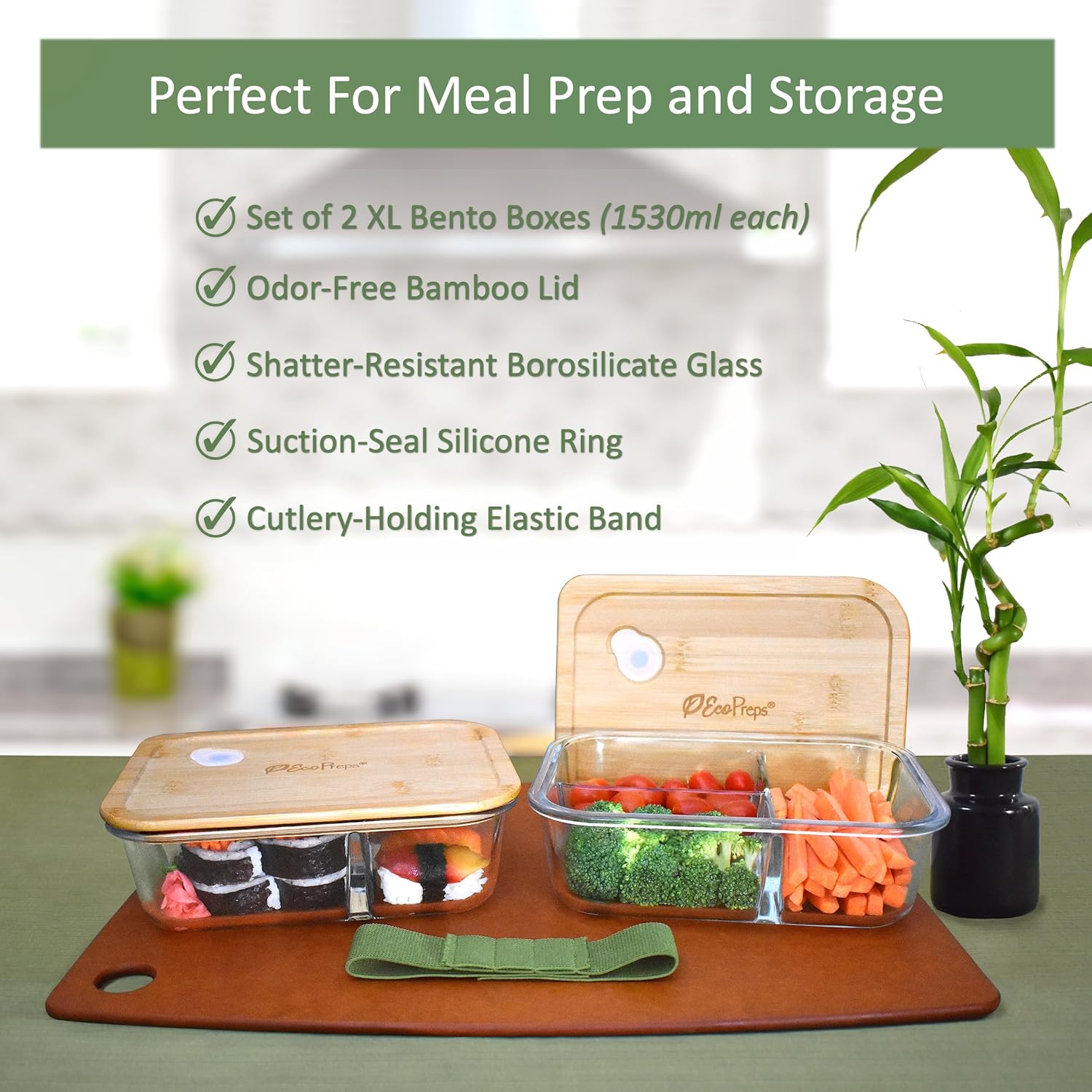 EcoPreps Contenedores grandes de vidrio Bento con tapas de bambú, 3 compartimentos de vidrio para preparación de comidas (paquete de 2, XL 100%