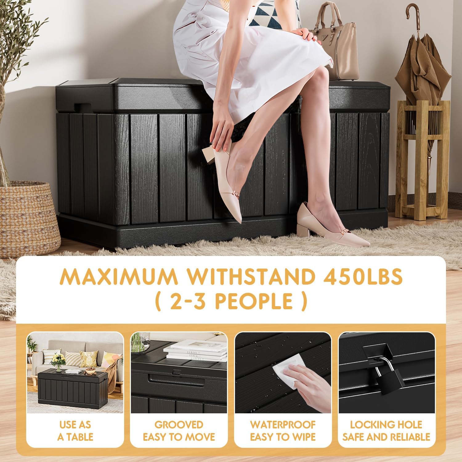 YESHOMY Baúl de almacenamiento, banco de zapatos de resina para entrada con soporte hidráulico, tapa abatible, soporte lateral, soporta 450 libras,
