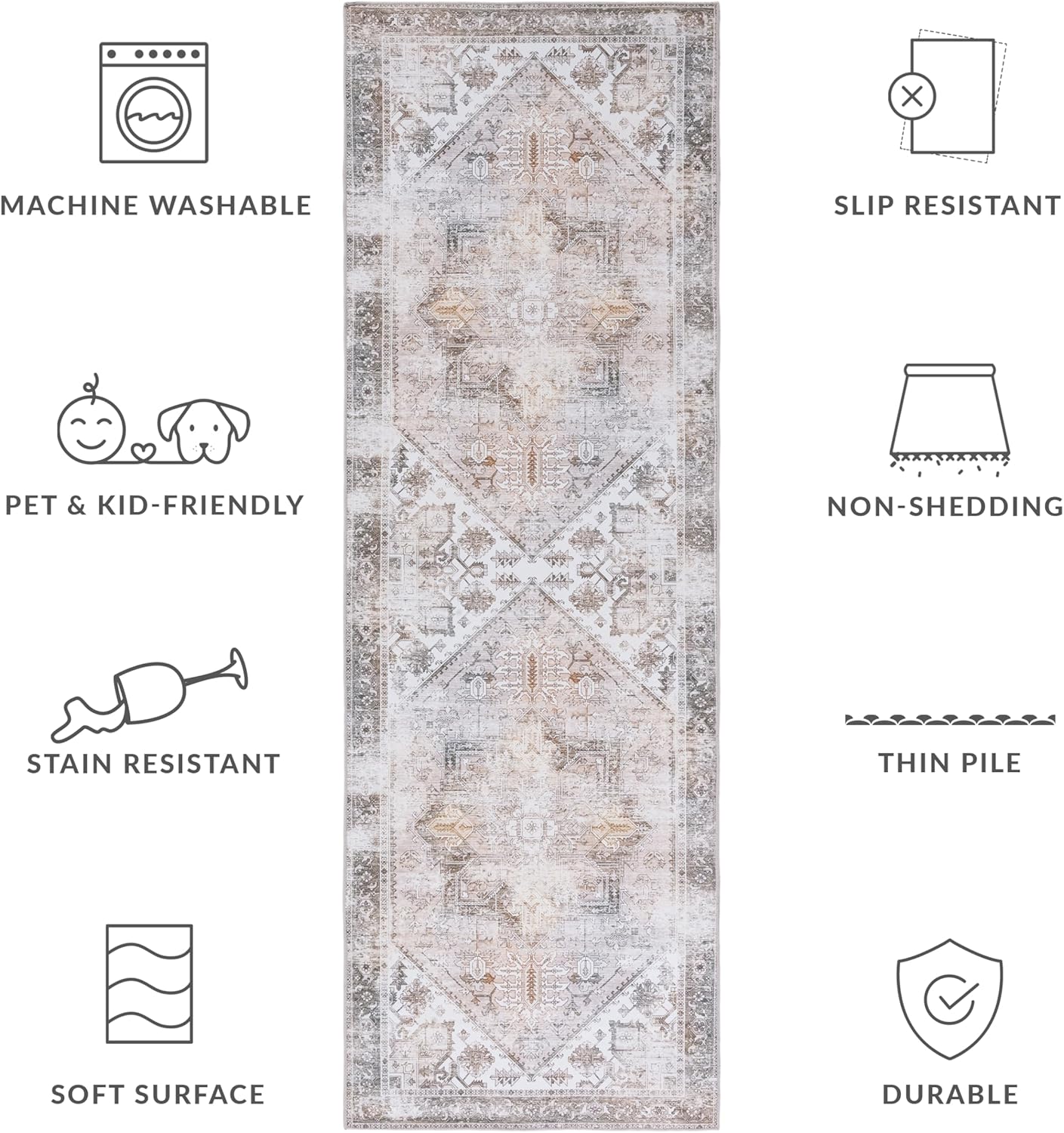 SAFAVIEH Tucson Collection – Alfombra de pasillo, 2 pies 6 pulgadas x 12 pies, diseño persa beige y gris, no desprende pelusa, lavable a máquina y