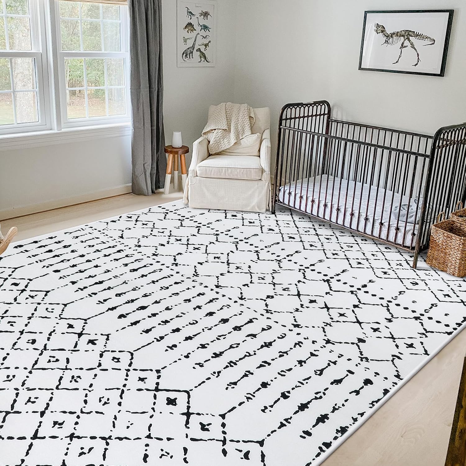 LIVEBOX Alfombra de área blanca y negra de 8 x 10 pies para sala de estar, alfombra bohemia lavable fina marroquí para dormitorio, alfombra