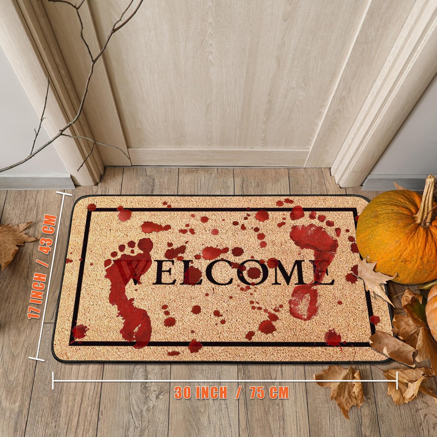 Tapete decorativo de Halloween para puerta delantera al aire libre, tapete de terror con huellas de sangre de 17 x 30 pulgadas, tapete de goma