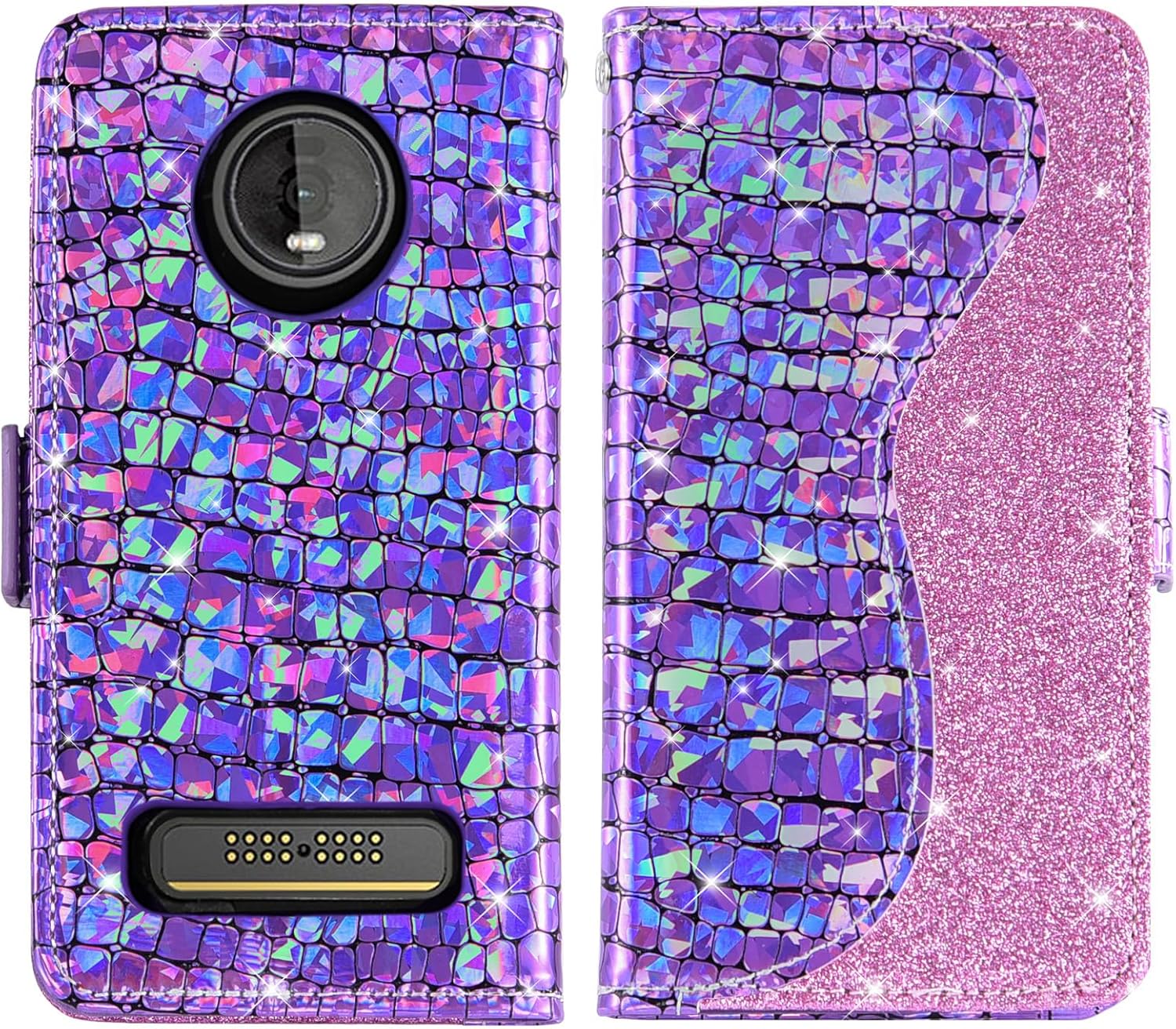 Asuwish Funda de teléfono para Moto Z4Moto Z 4 PlayMotoZ4 Force Funda tipo cartera con protector de pantalla y tarjetero abatible con purpurina para