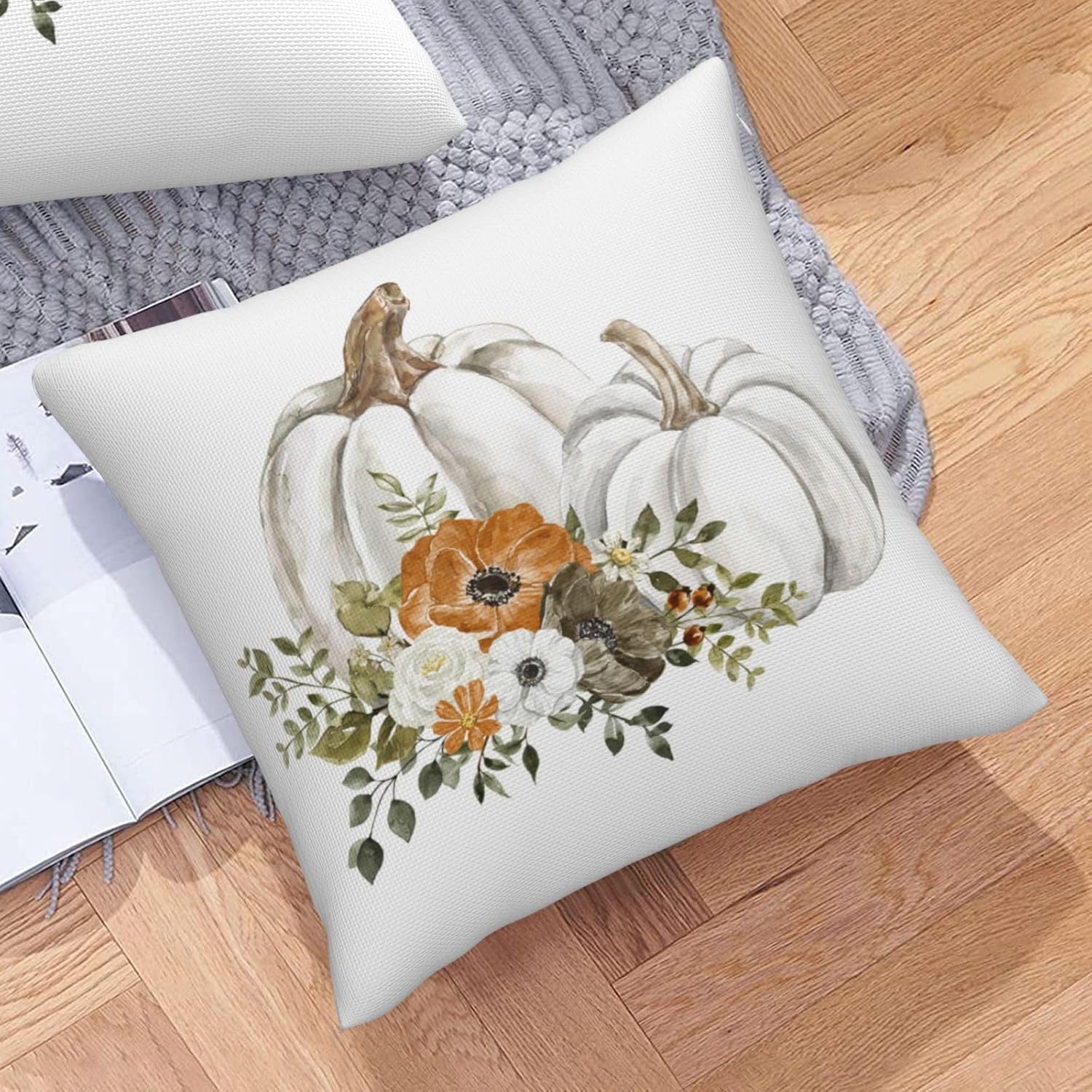 Juego de 2 fundas de almohada decorativas de otoño de 16 x 16 pulgadas, diseño de calabazas grises y blancas, flores naranjas, cosecha de Acción de