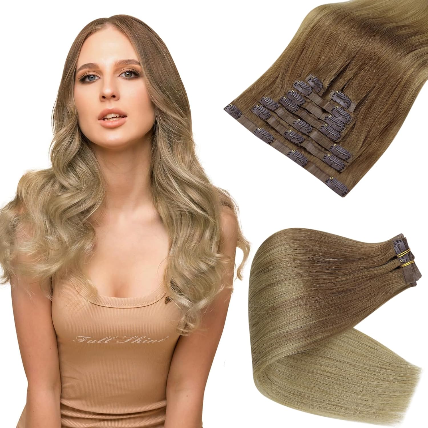 Full Shine Extensiones de cabello marrón degradado de color marrón claro a rubio, extensiones de cabello con clip sin costuras con trama de
