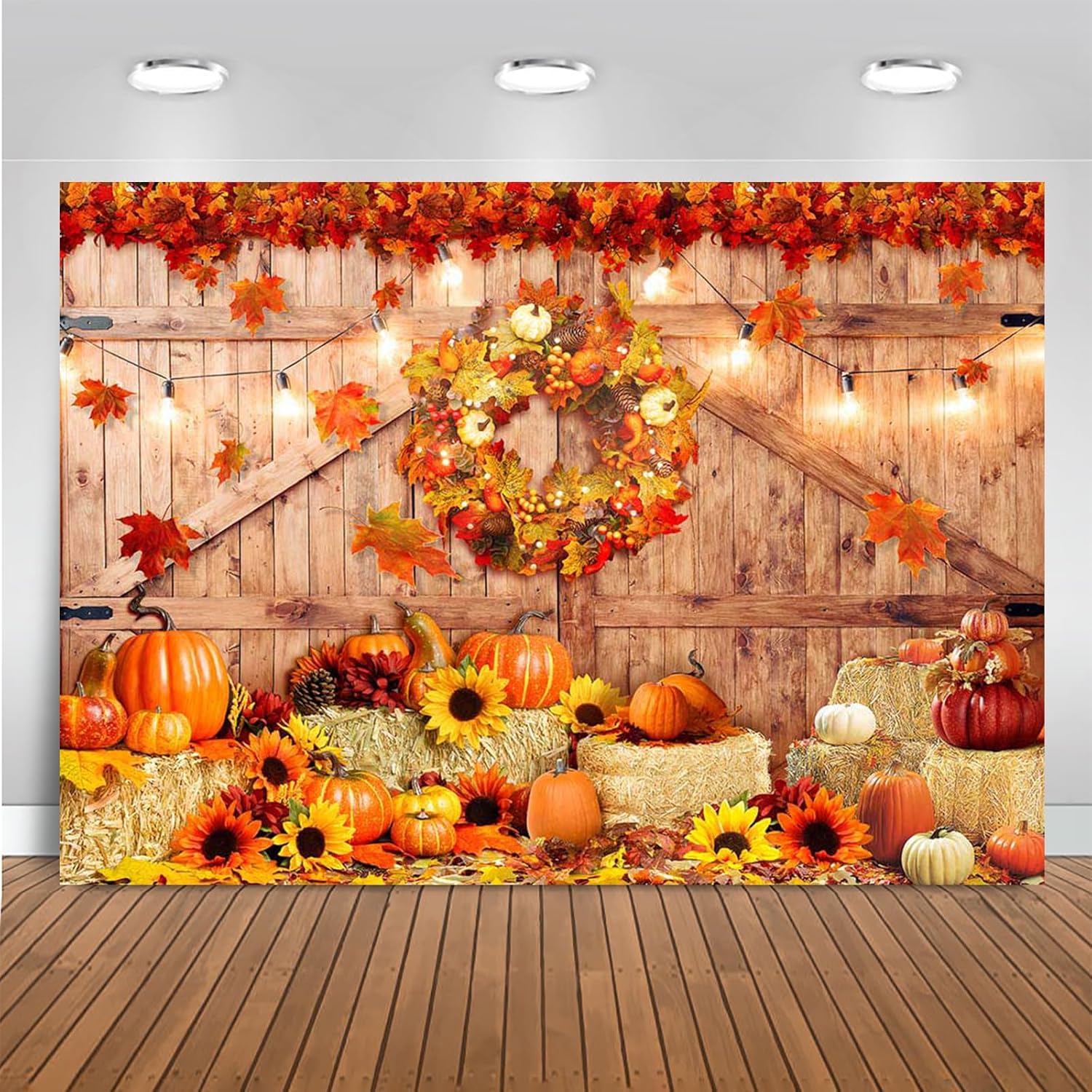 Mocsicka Telón de fondo de Acción de Gracias, calabaza, cosecha de otoño, puerta de granero de madera, decoración de fiesta de Jesús, decoración de