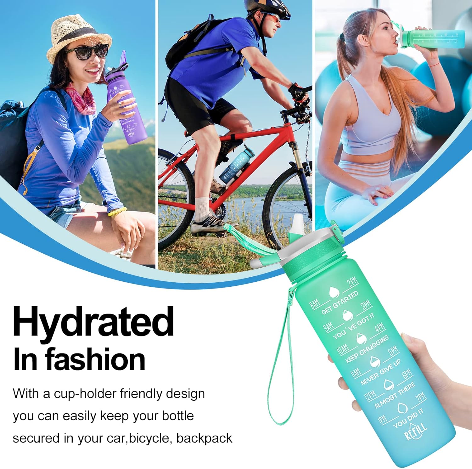 ELYPHINE – Botellas de agua de 3224onzas con pajilla extraíble y marcador de tiempo, botellas deportivas motivacionales con material Tritan sin